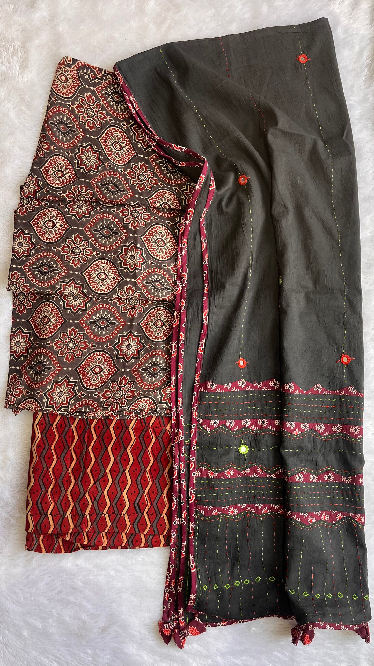 Brown and Red Badaam Buti Ajrakh Unstitched Suit Set with Cotton Applique Work Dupatta