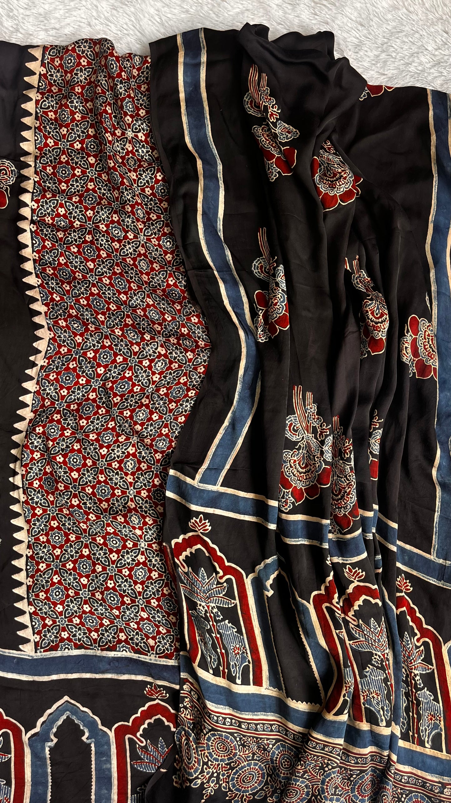 Black Jaal and Jahrokha Motif Pure Modal Silk Suit Set with Modal Silk Dupatta