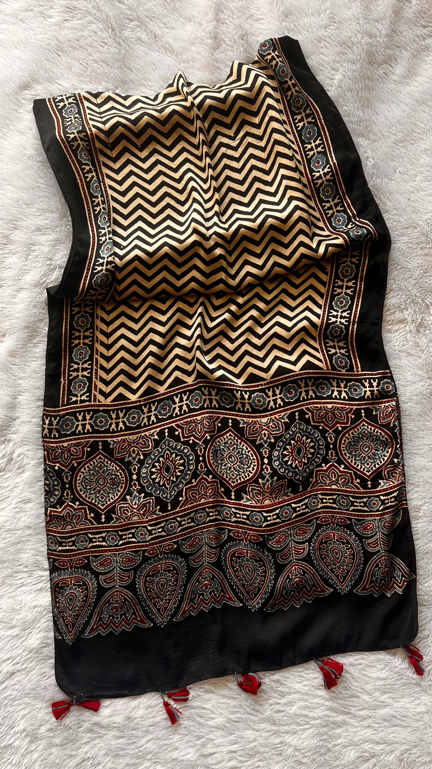 Off White and Black Zig Zag Ajrakh Hand Block Print Modal Silk Stole with Tassels