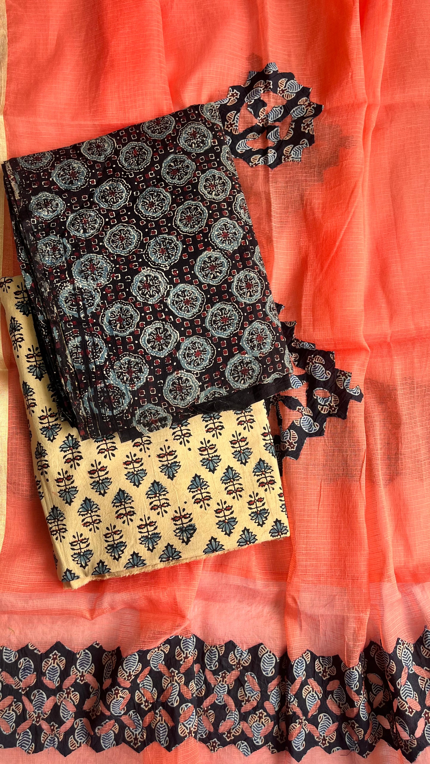Black Buti Motif Pure Cotton Ajrakh Unstitched Suit Set with Ajrakh Applique Kota Dupatta