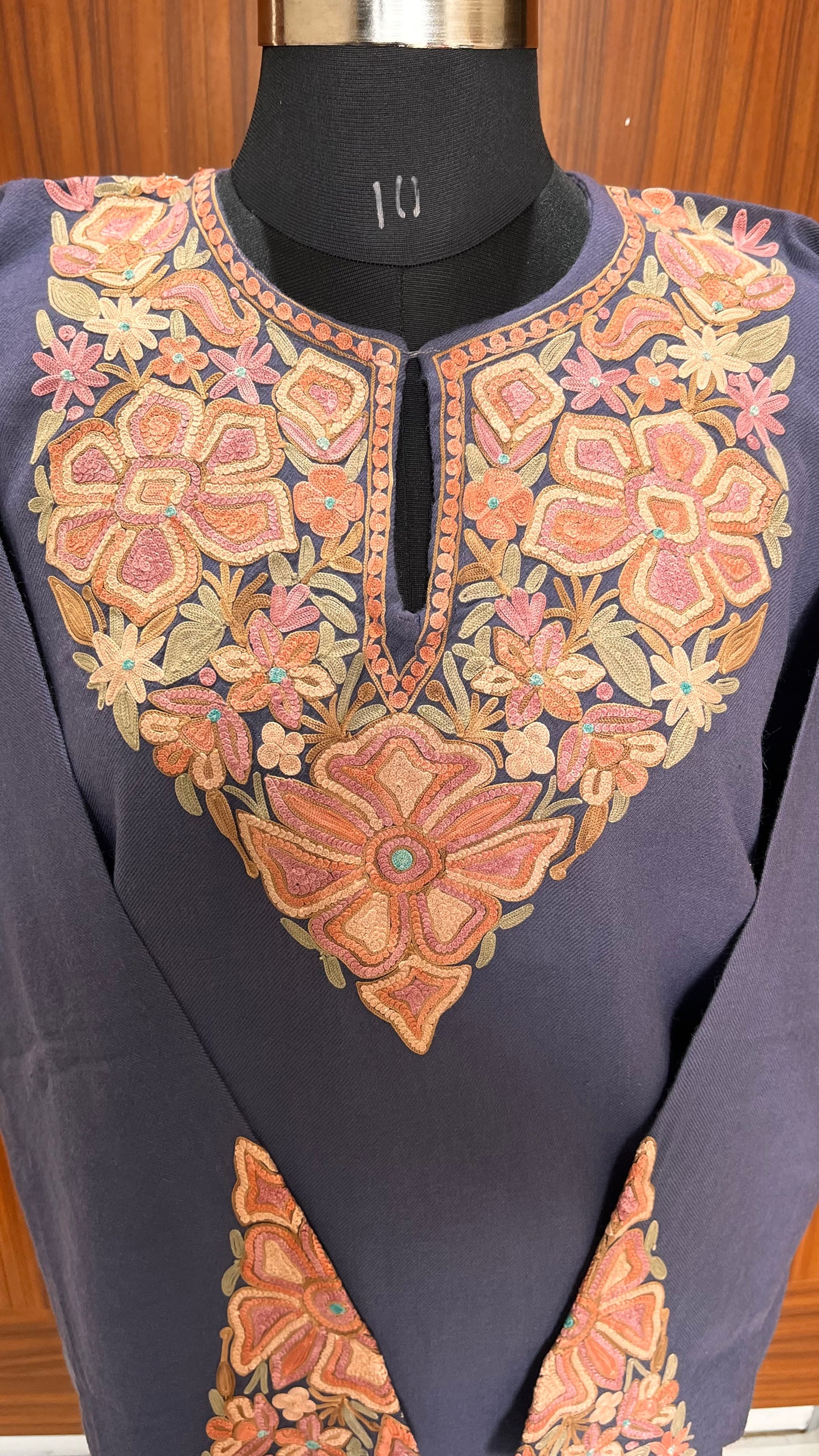 Dark Grey Shade Aari Hand Embroidered Marino Wool Pheran with Pockets