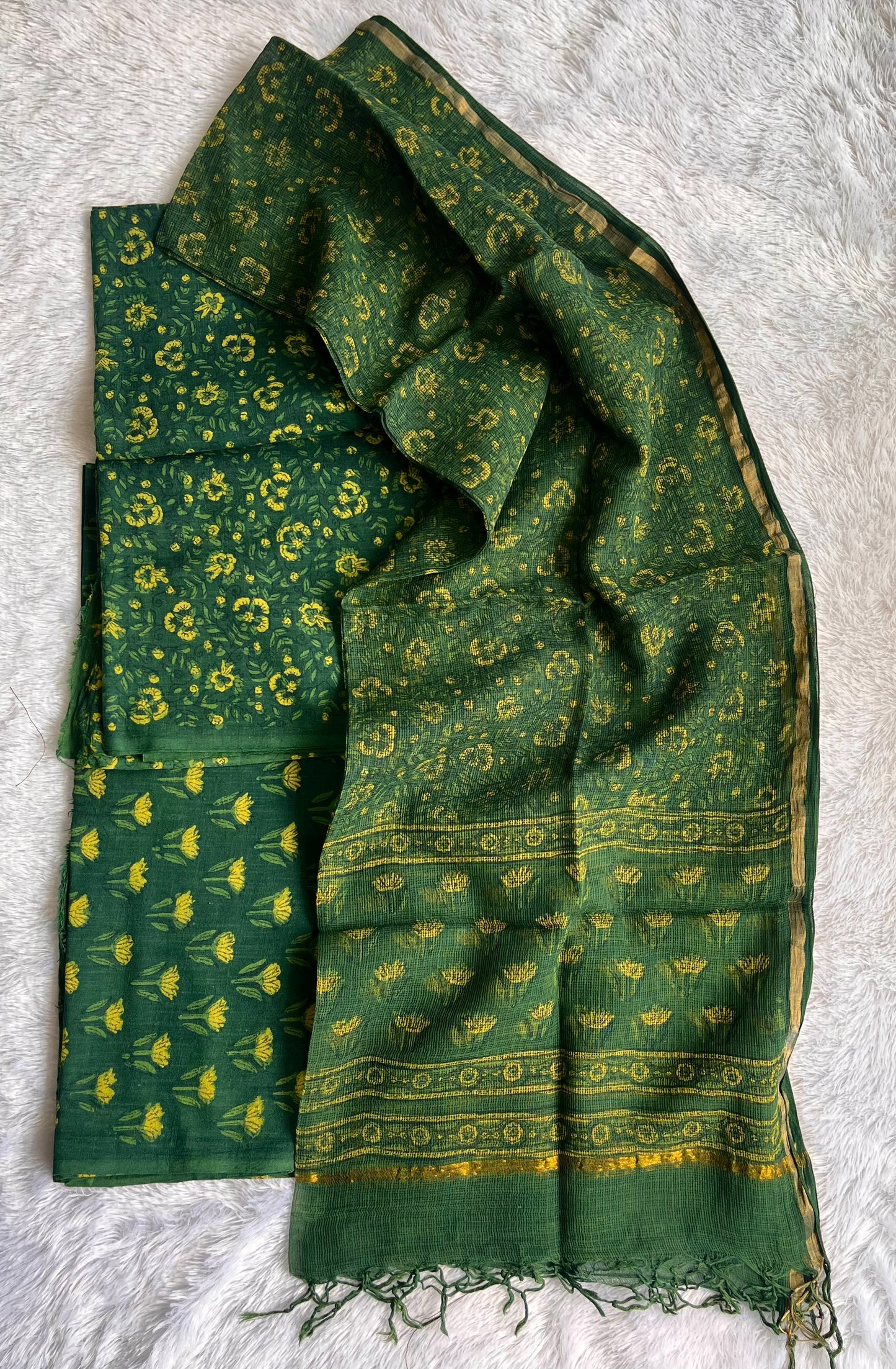 Akola Green and Yellow Small Booti Pure Cotton Suit Set with Kota Doria Dupatta
