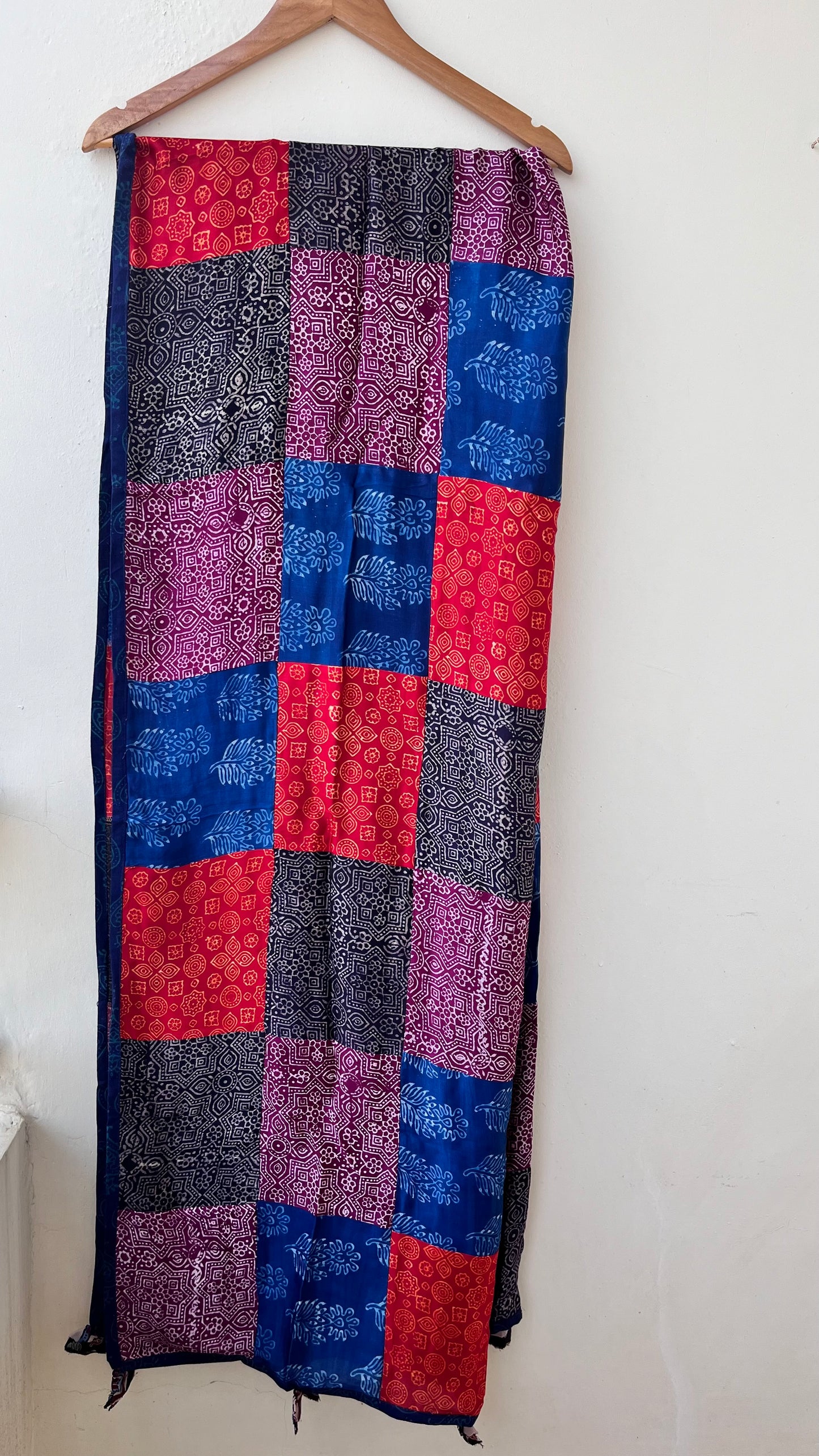 Multicolour Ajrakh Applique Patchwork Modal Silk Kantha Work Dupatta with Tassels and Mirror-work
