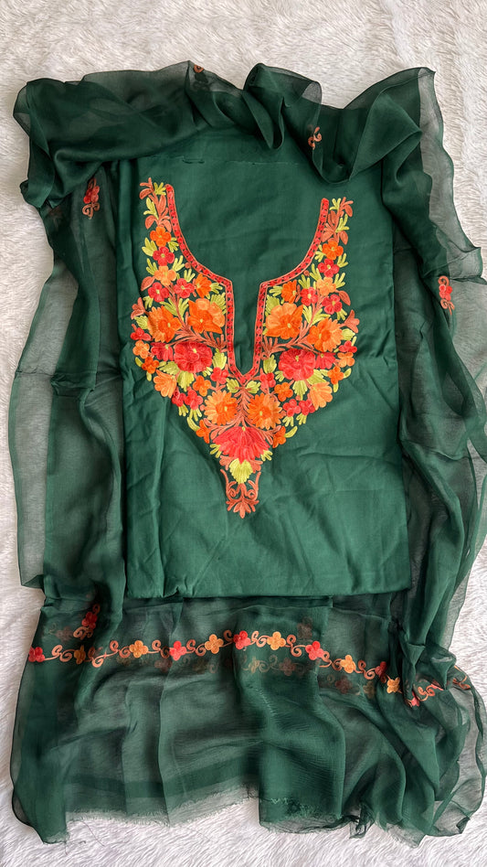 Bottle Green Muslin Cotton Kashmiri Aari Embroidered 3pc Suit Set