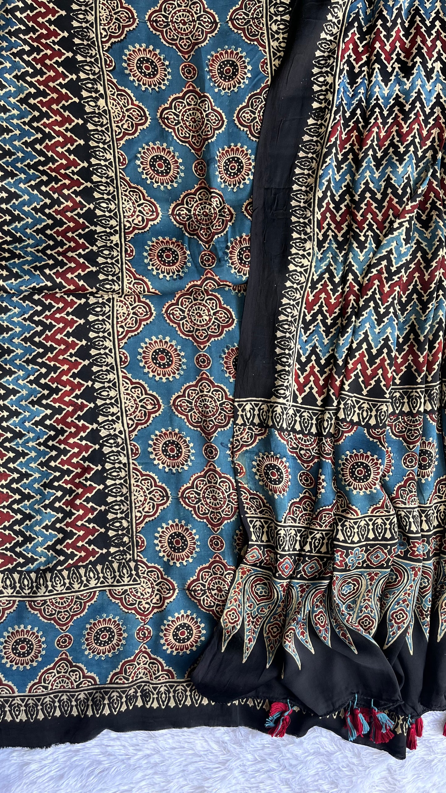 Black and Blue Zigzag Motif Ajrakh Hand Block Print Modal Silk 2 pc Suit Material Set