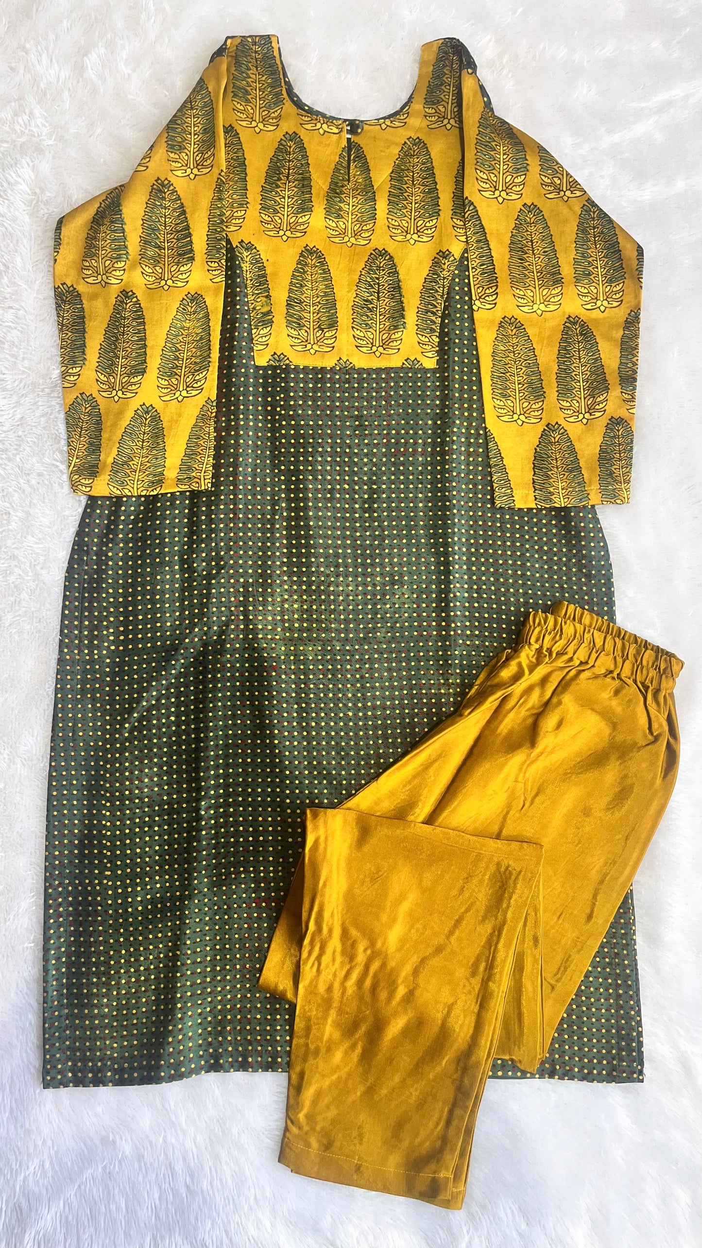 Green and Yellow Mashru Silk Ajrakh Hand Block Print Kurta Pant Set