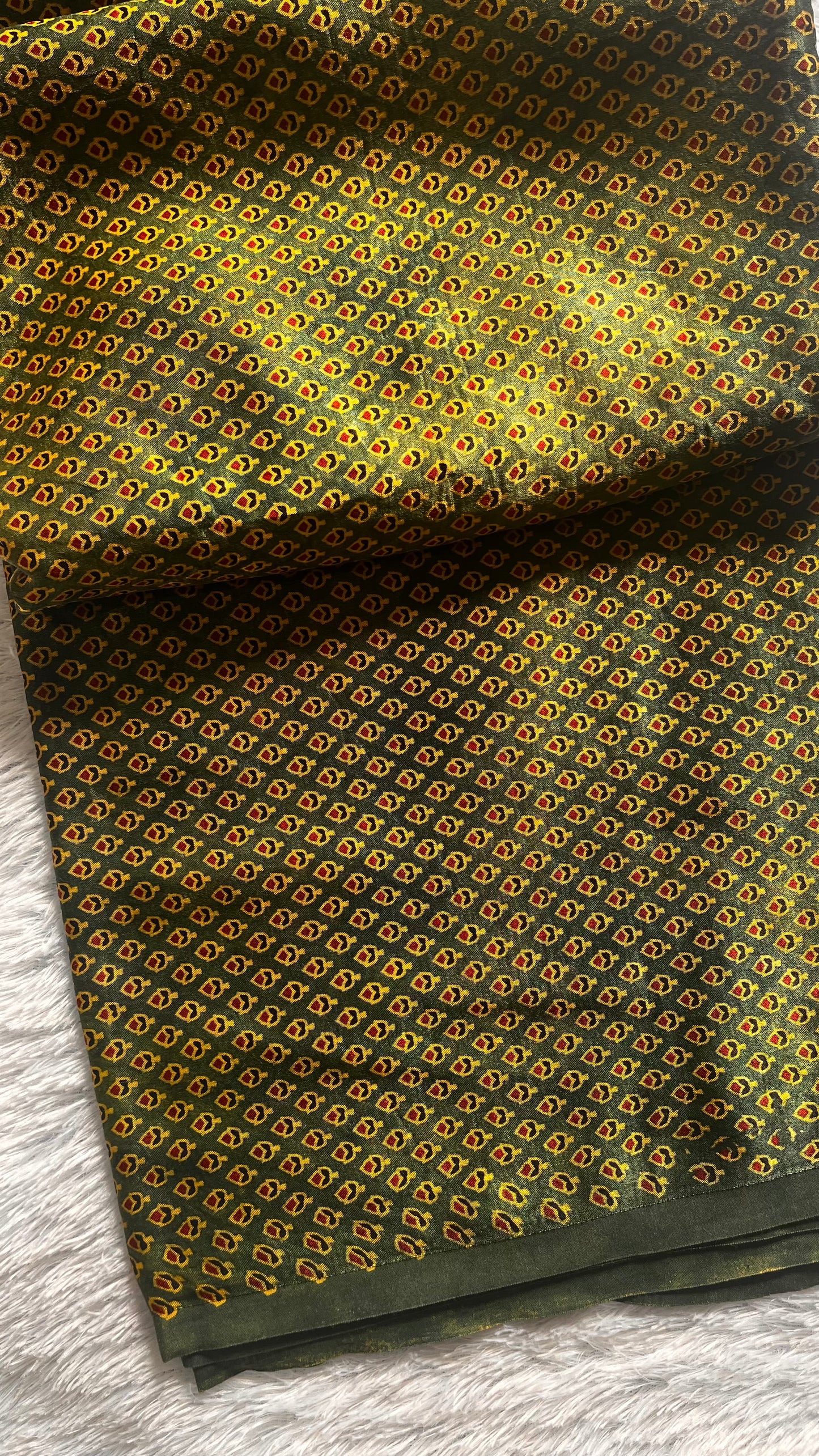 Forest Green Shade Small Buti Motif Ajrakh Mashru Silk Fabric