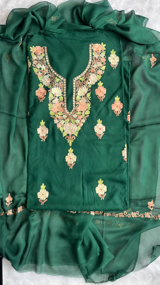 Bottle Green Muslin Cotton Kashmiri Aari Full Embroidered 3pc Suit Set