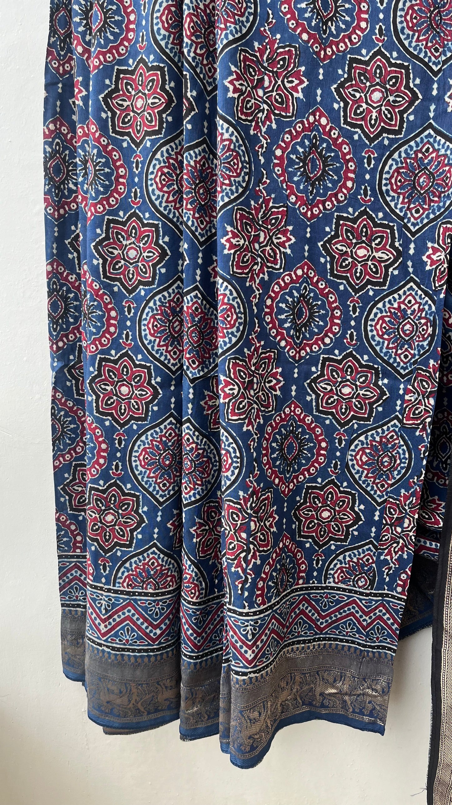 Blue Badaam Buta Motif Ajrakh Hand Block Dola Silk Saree with Zari Pallu (With Blouse)
