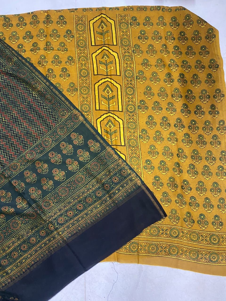Turmeric Yellow and Green Chanderi Silk Cotton Ajrakh hand Block 2pc Suit Set