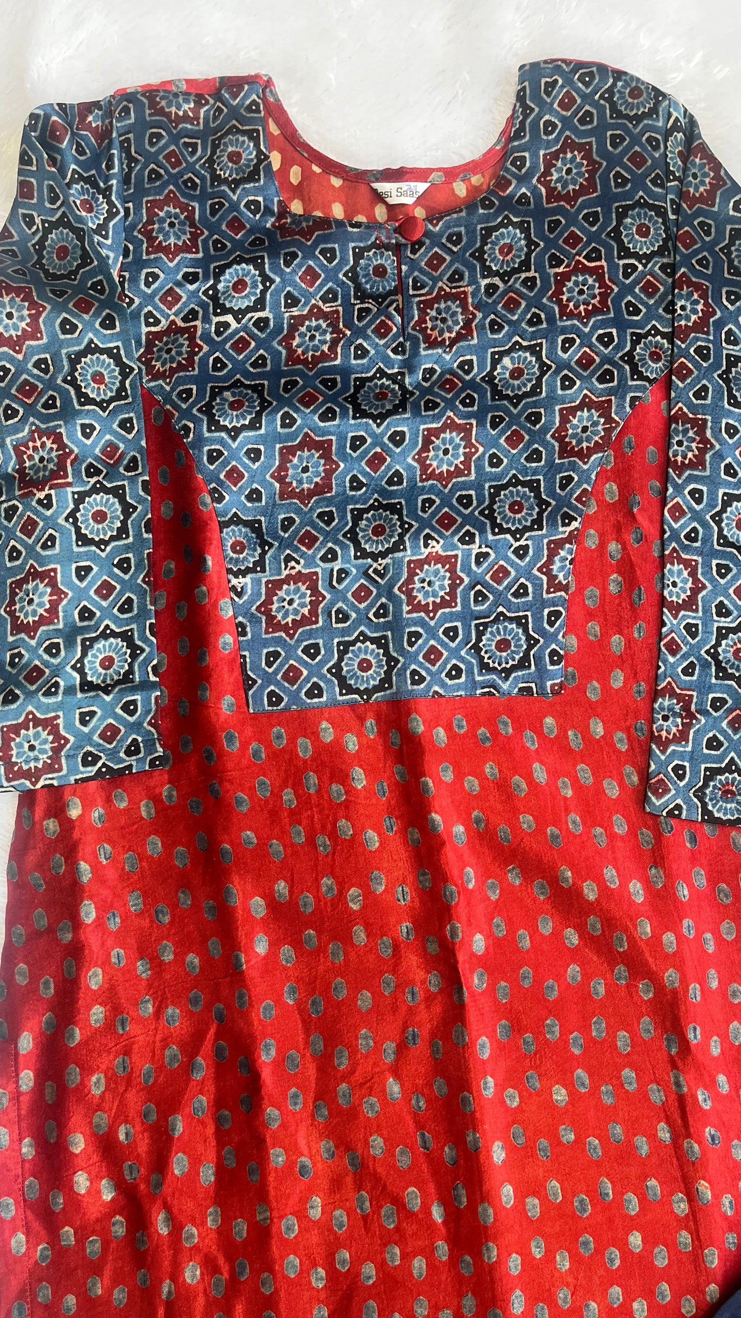 Red and Blue Mashru Silk Ajrakh Hand Block Print Kurta Pant Set