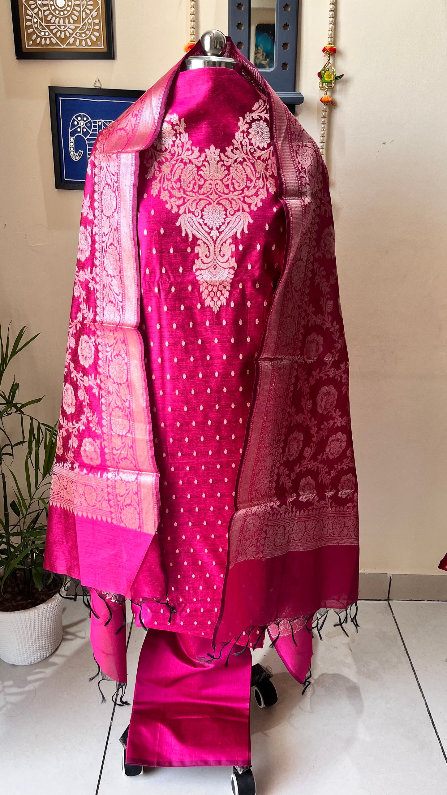 Pataka Pink Shade Banarasi Silk Cotton 3-Piece Suit with Banarasi Woven Yoke & Dupatta
