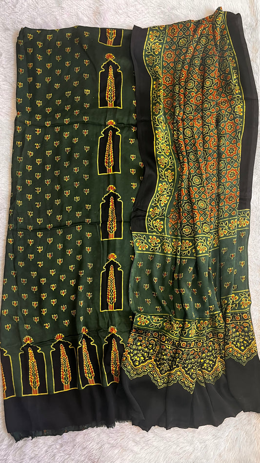 Green Jharokha Motif Modal Silk Ajrakh Natural Dyed Hand Block Print 2pc Suit Material Set