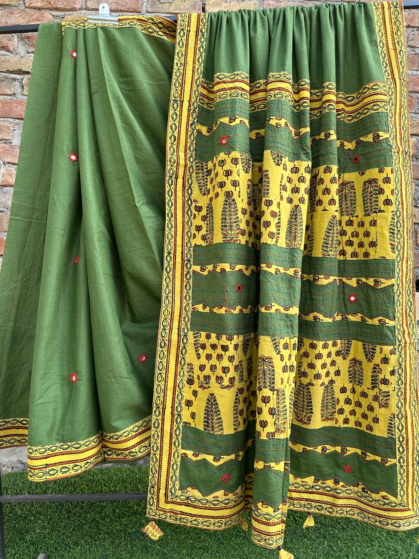 Green and Yellow Pure Cotton Saree with Ajrakh Applique Patchwork Embroidery and Mirror Work