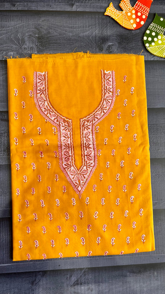Mustard with Pink Thread work Pure Cotton Kashmiri Aari Embroidered Co Ord 2 pc Set