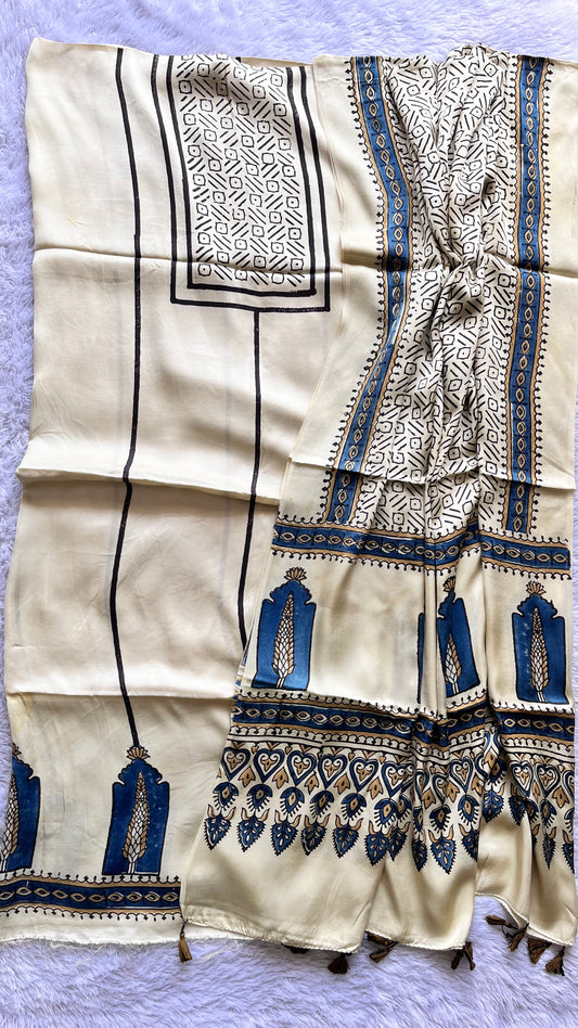 Off White Dhaari and Jharokha Print Modal Silk Hand Block Print 2pc Suit Material