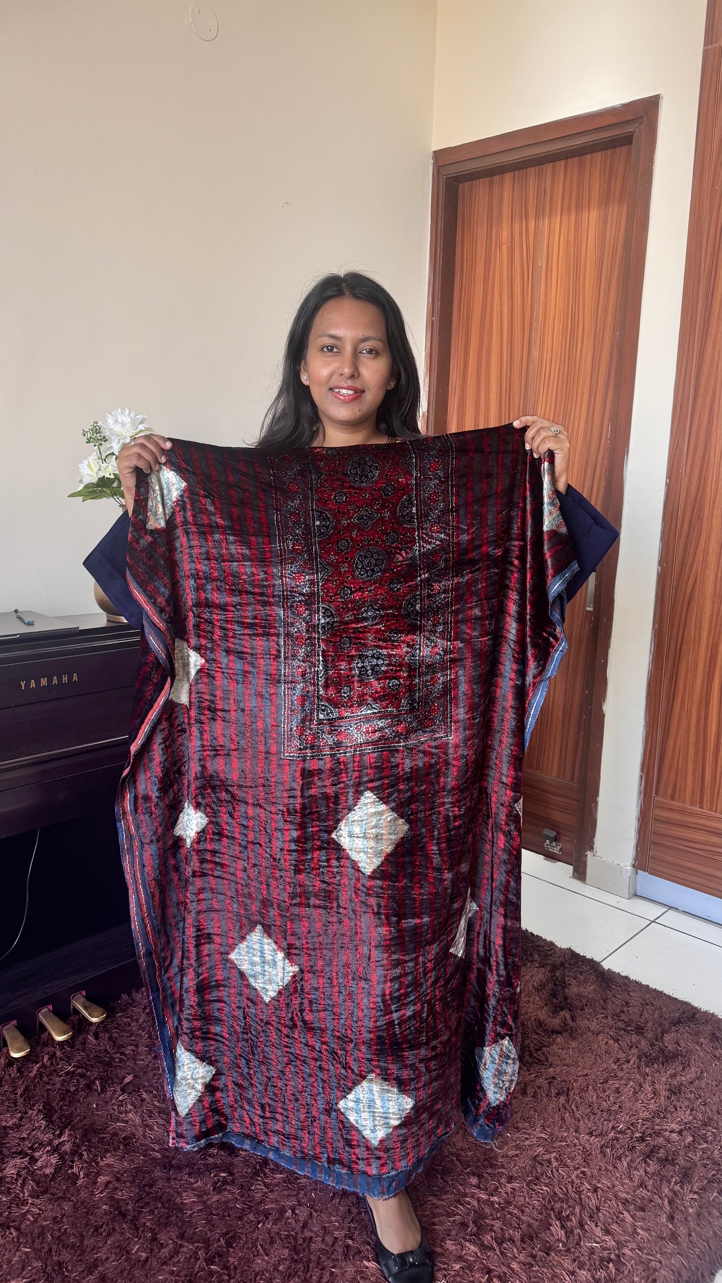 Rasin Shade with Diamond Buta Velvet Fabric Ajrakh Hand Block Print Designer Unstitched Fabric (Kurta Only)