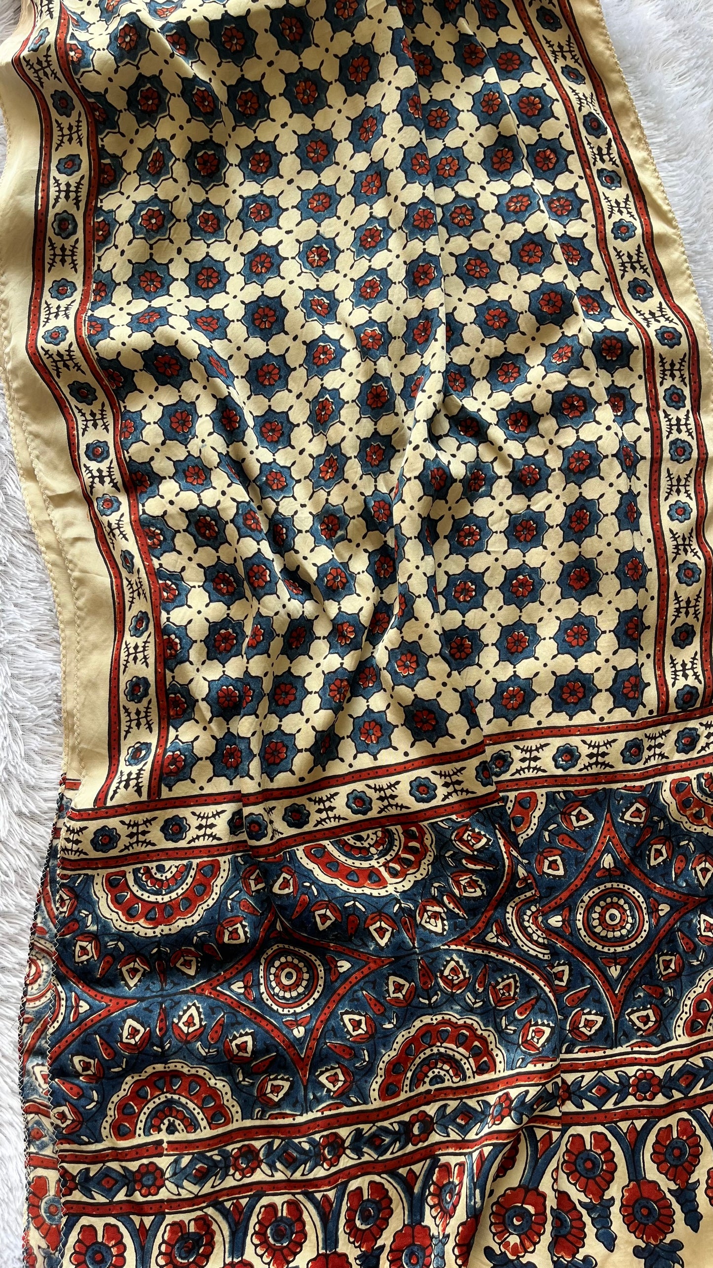 Off White Choti Booti Motif Ajrakh Hand Block Print Modal Silk Stole with Tassels