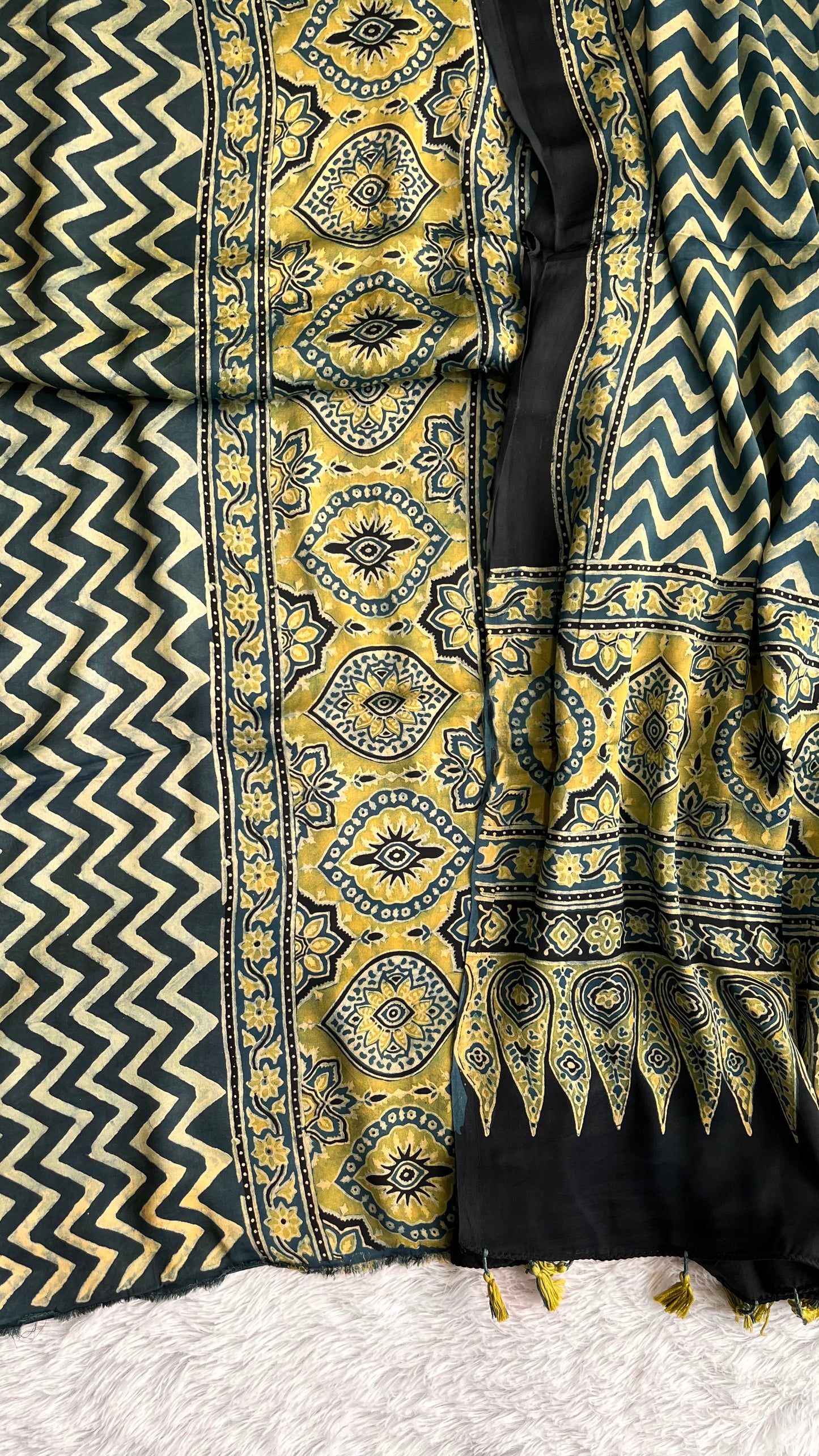 Indigo Zigzag and Badaam Buti Modal Silk Hand Block Print 2pc Suit Material Set
