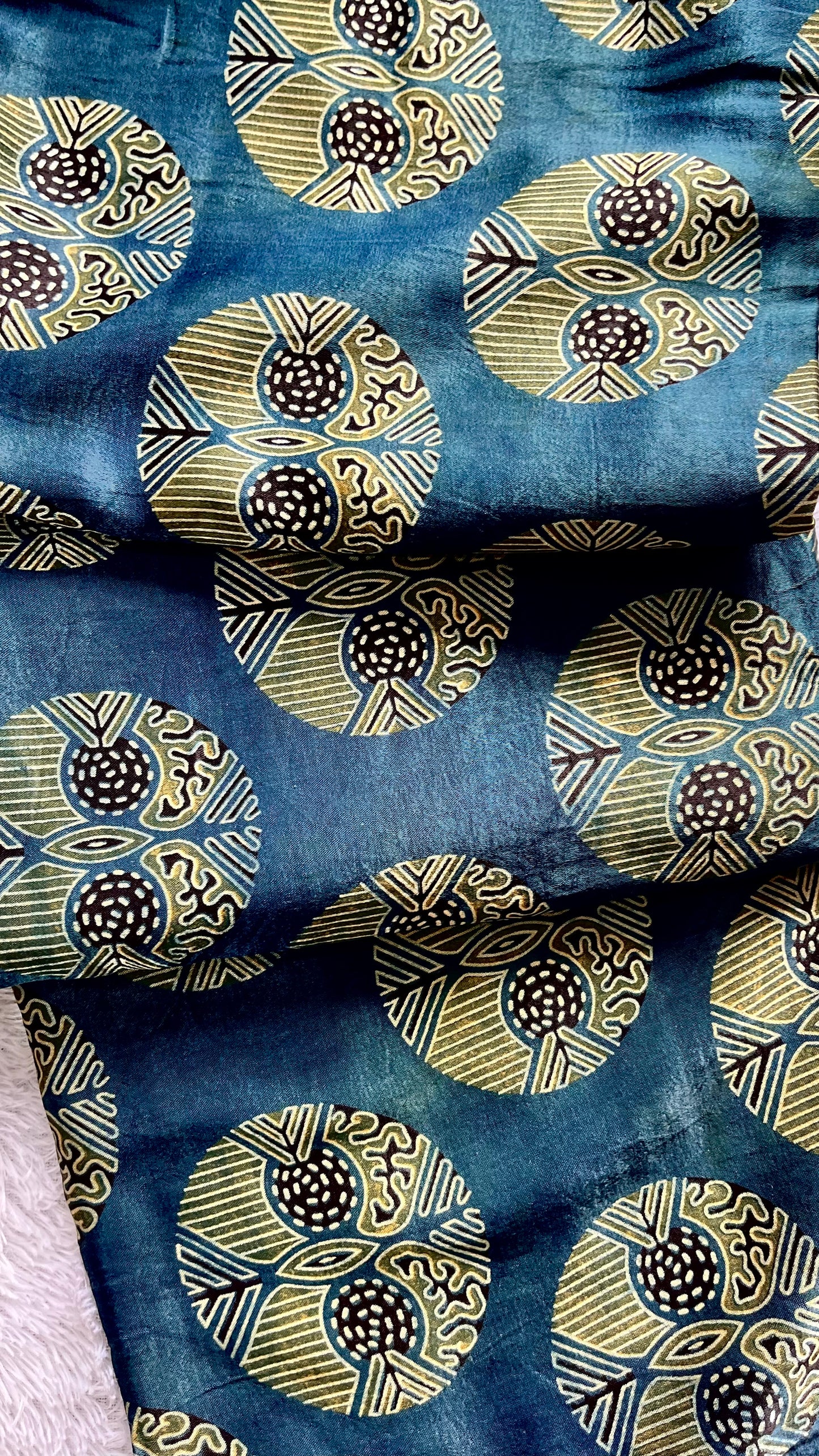 Indigo Circle Motif Ajrakh Mashru Silk fabric