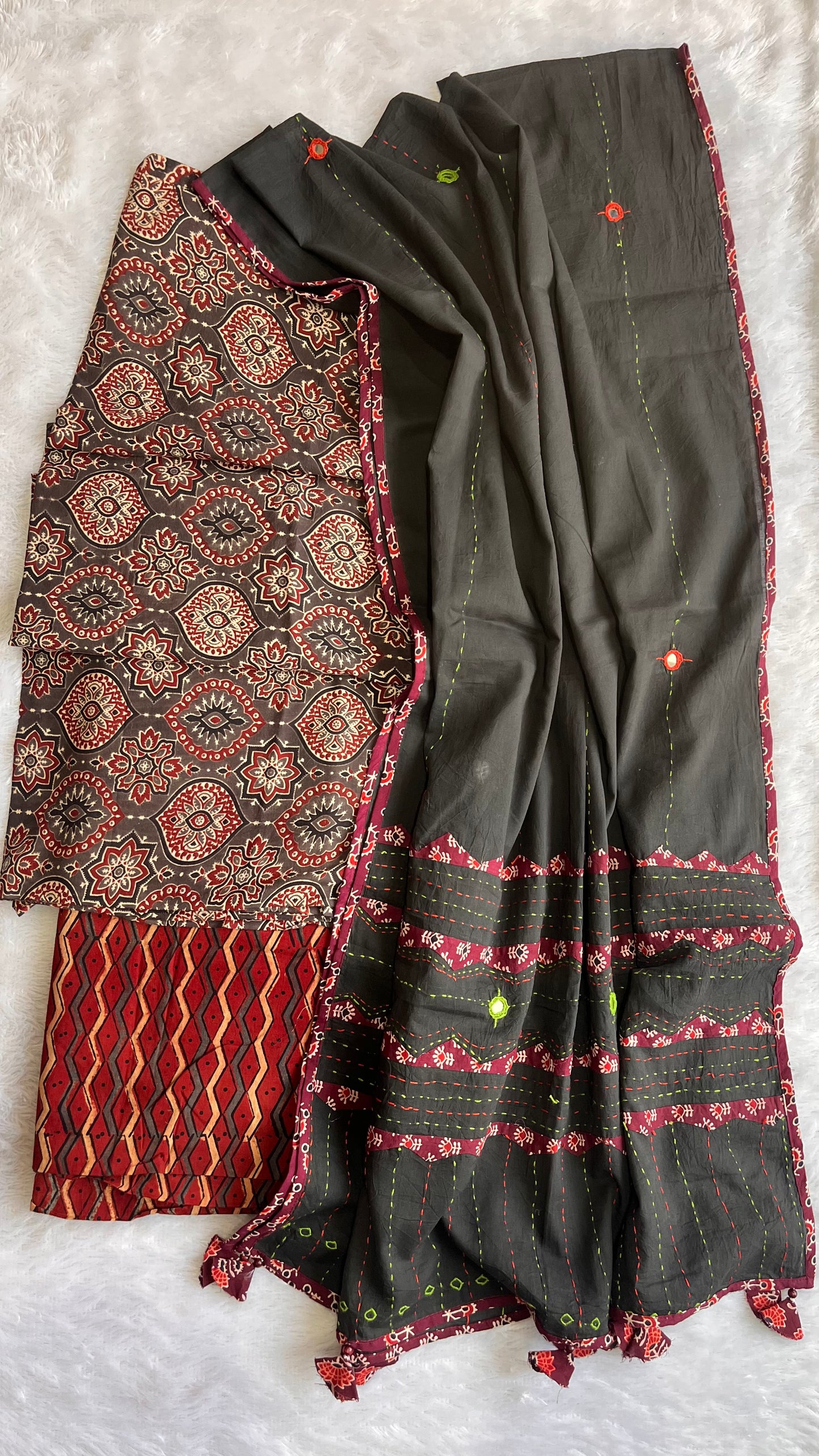 Brown and Red Badaam Buti Ajrakh Unstitched Suit Set with Cotton Applique Work Dupatta