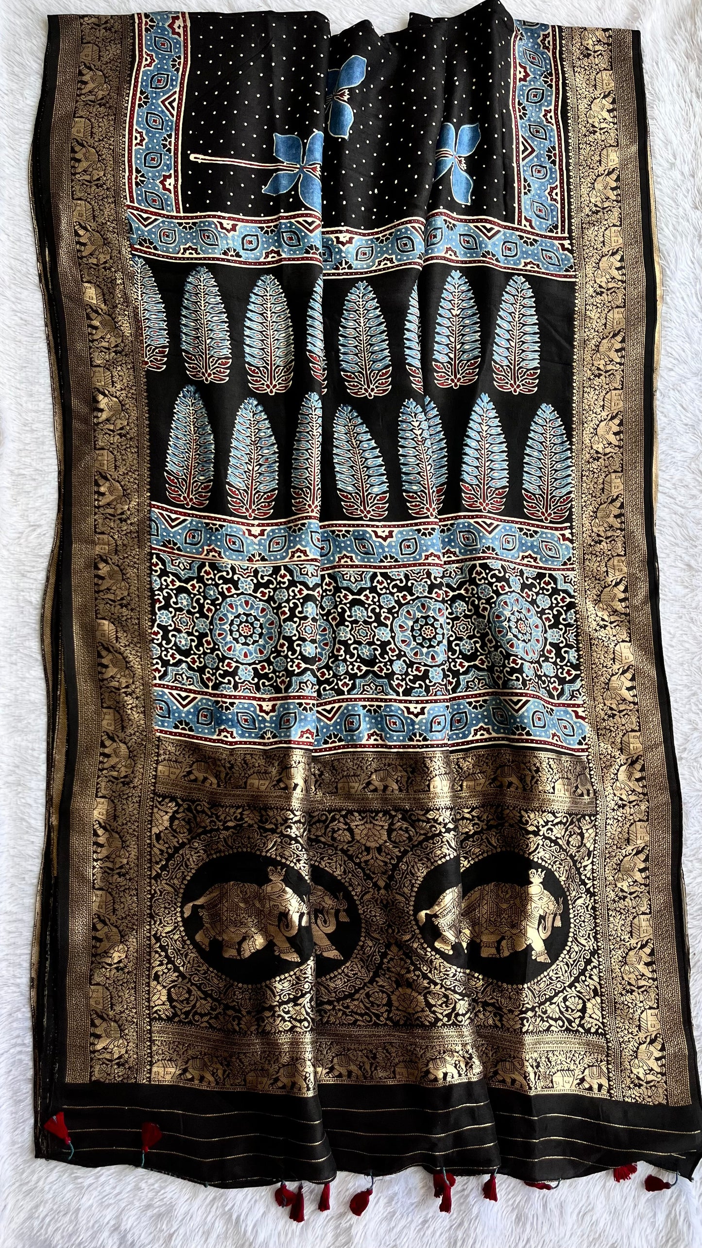Black Polka and Fireflies Motif Ajrakh Hand Block Dola Silk Saree with Zari Pallu