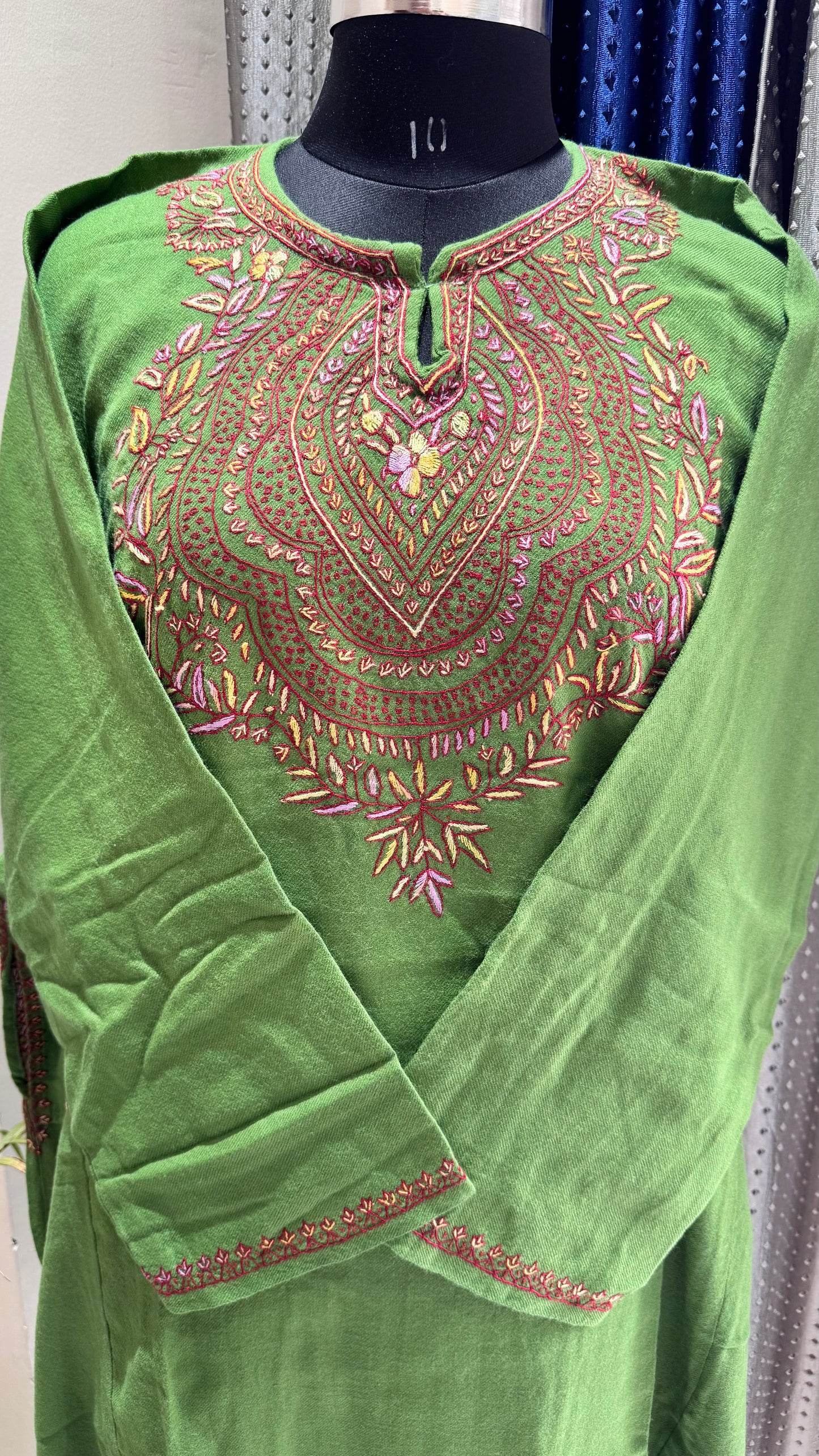 Kairi Green Shade Sozni Hand Embroidered Pure Marino Wool Kashmiri Pheran with Pockets and Hand Embroidered Sleeves (Size 58”)