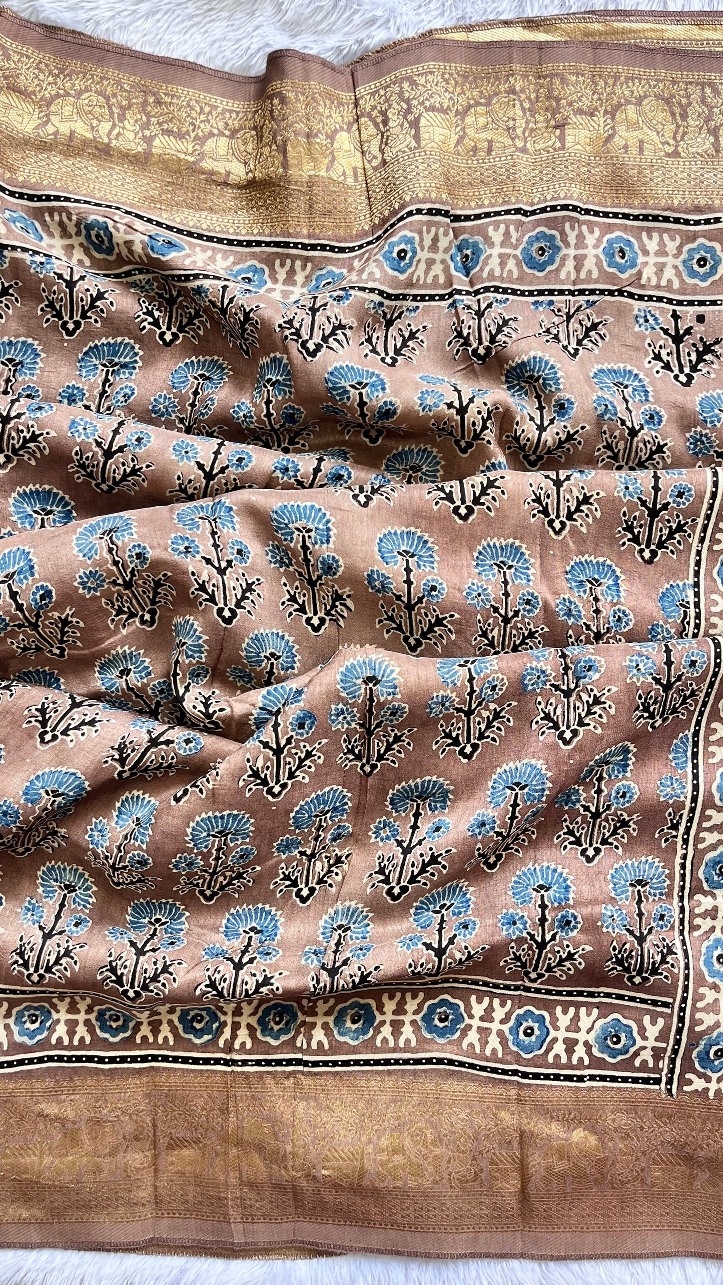 Earthy Brown Mugal Buta Motif Ajrakh Hand Block Dola Silk Saree with Zari Pallu (With Blouse)