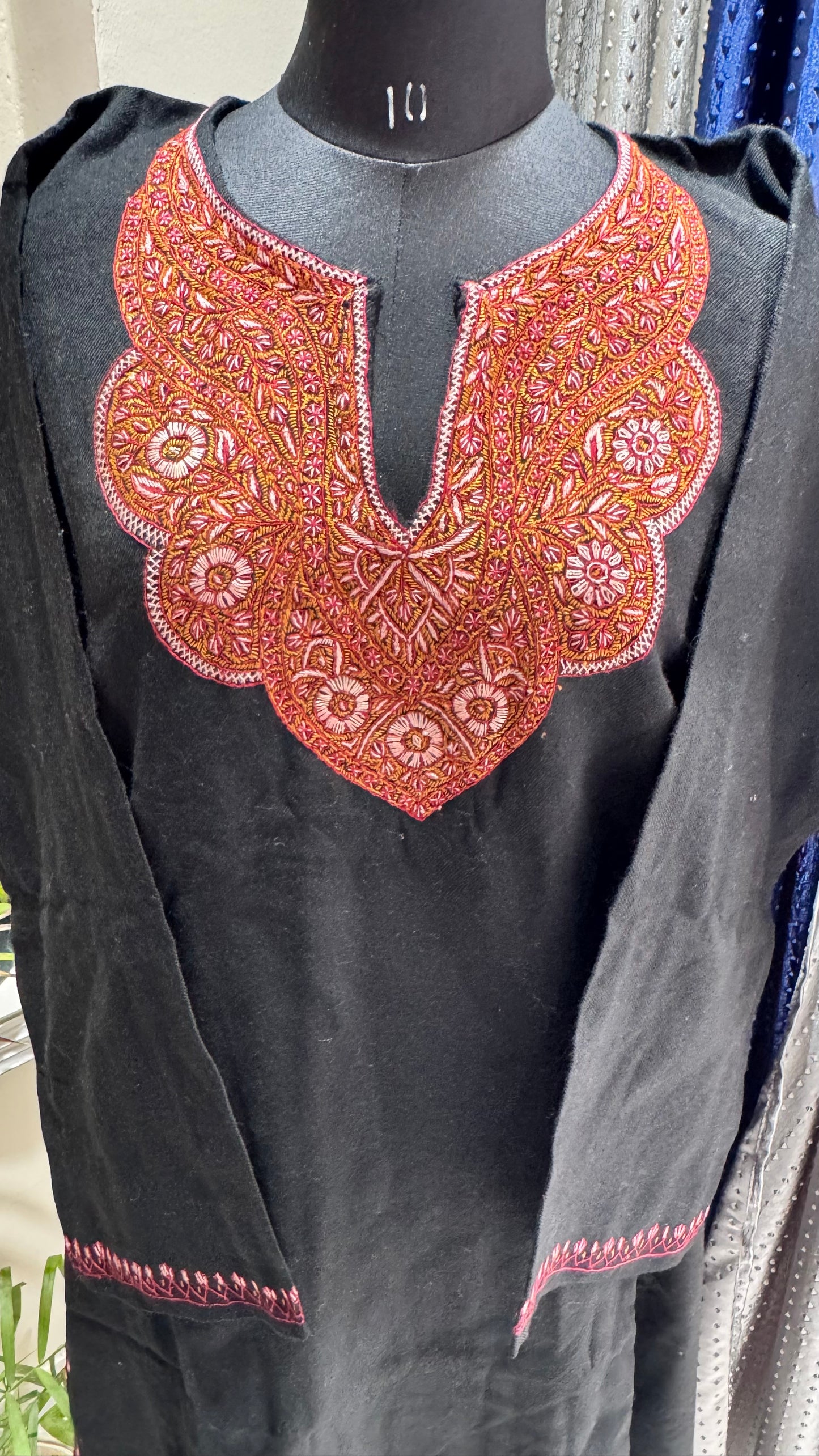 Black Shade Sozni Hand Embroidered Pure Marino Wool Kashmiri Pheran with Pockets and Hand Embroidered Sleeves (Size 56”)