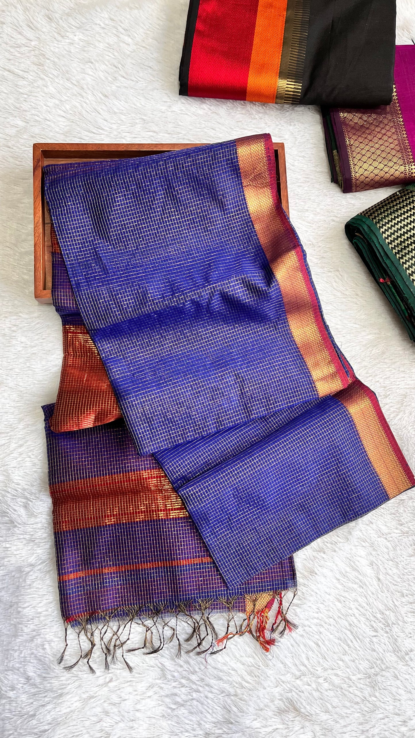 Ink Blue with Gold Zari Border Handwoven Maheshwari Tissue Silk Saree