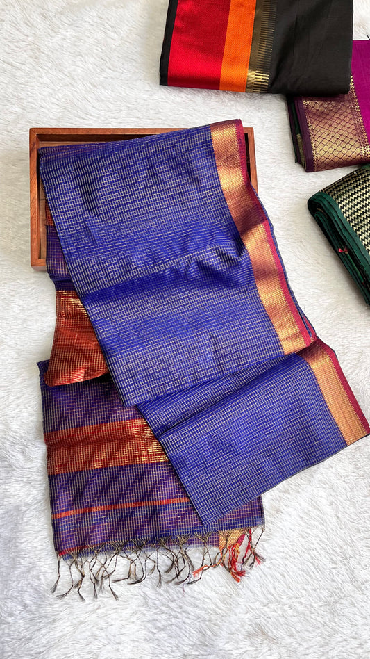 Ink Blue with Gold Zari Border Handwoven Maheshwari Tissue Silk Saree