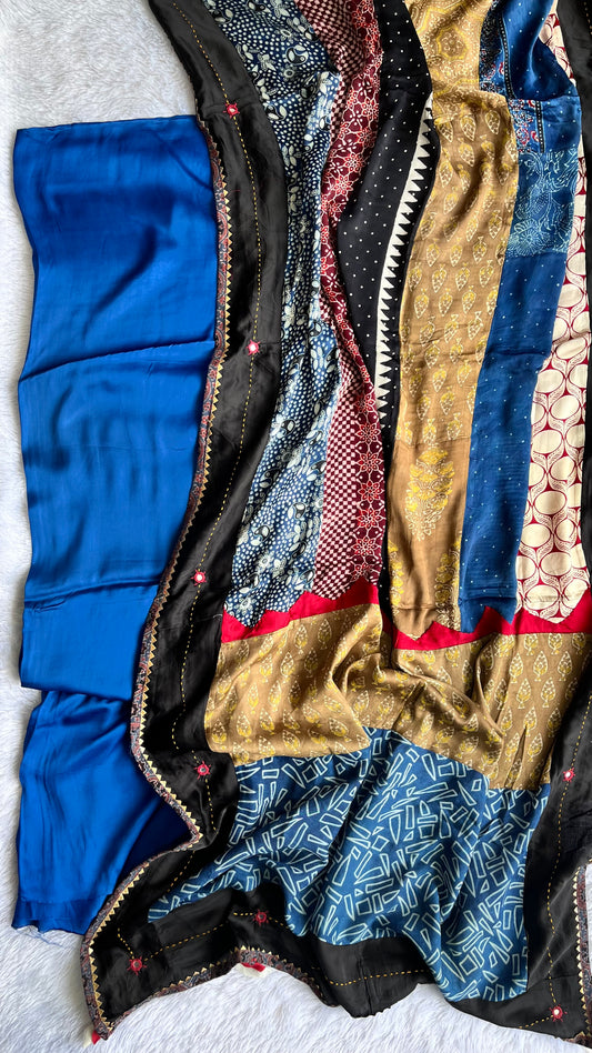 Indigo Solid Shade Modal Silk Ajrakh Hand Block Print 2pc Suit Material Set with Applique Work Dupatta