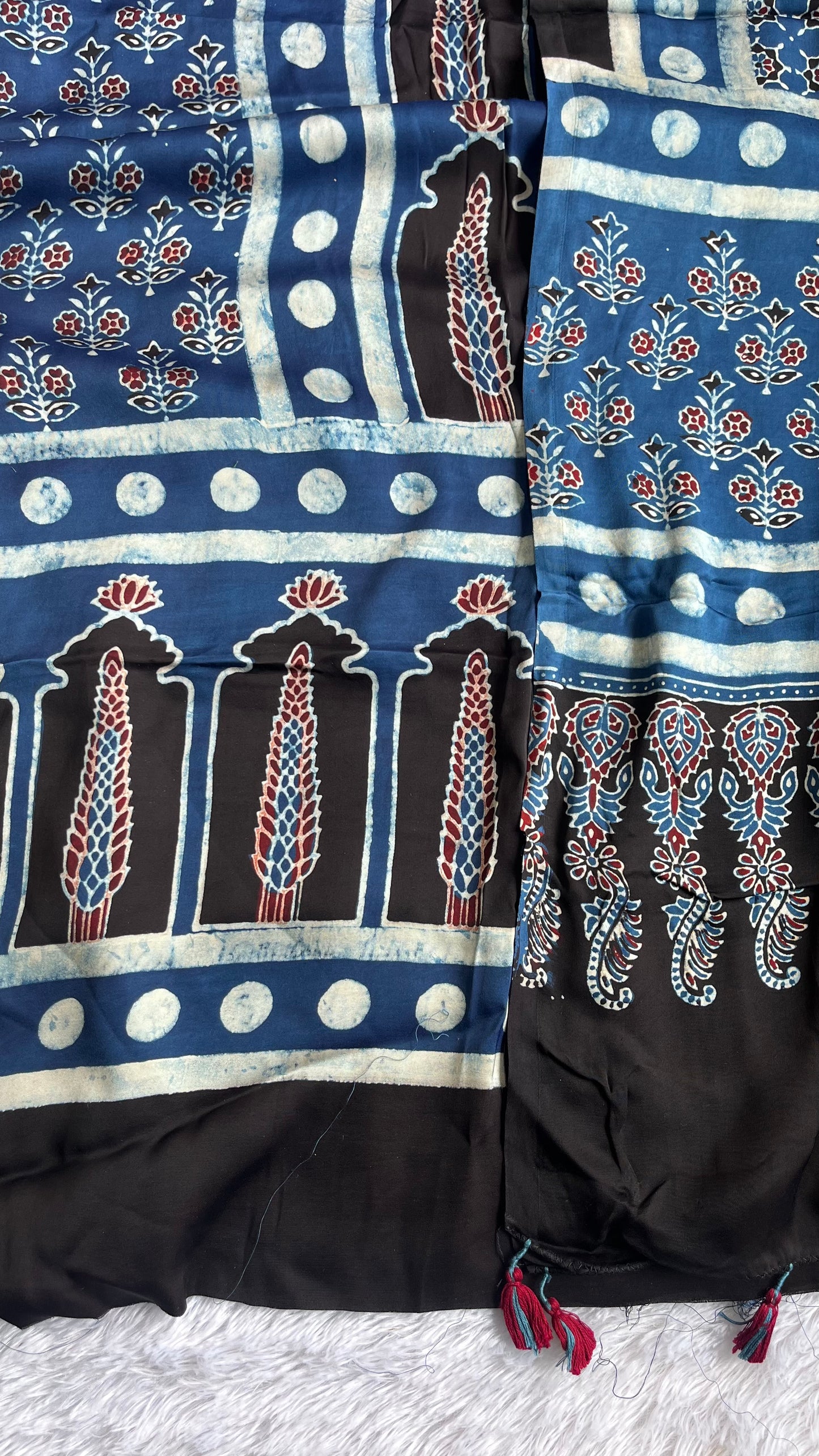 Indigo Blue Jharokha Print Modal Silk Ajrakh Natural Dyed Hand Block Print 2pc Suit Material Set