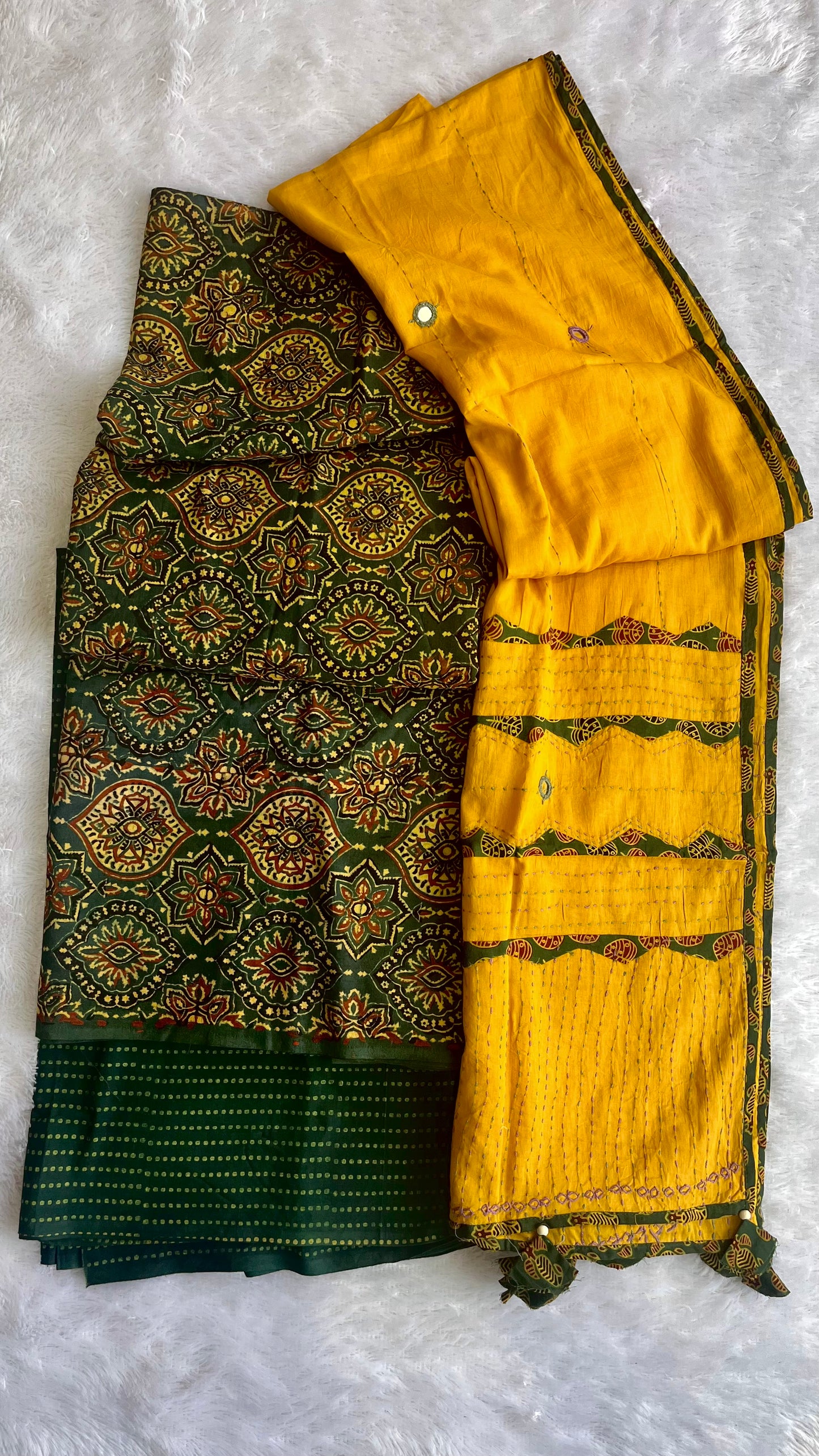Forest Green Badaam Buti Ajrakh Unstitched Suit Set with Cotton Applique Work Dupatta