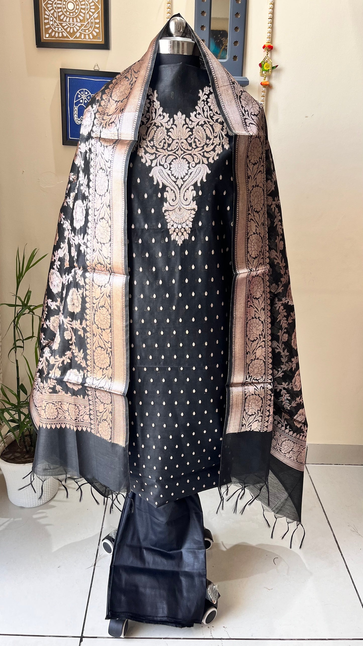 Mesmerising Black Shade Banarasi Silk Cotton 3-Piece Suit with Banarasi Woven Yoke & Dupatta