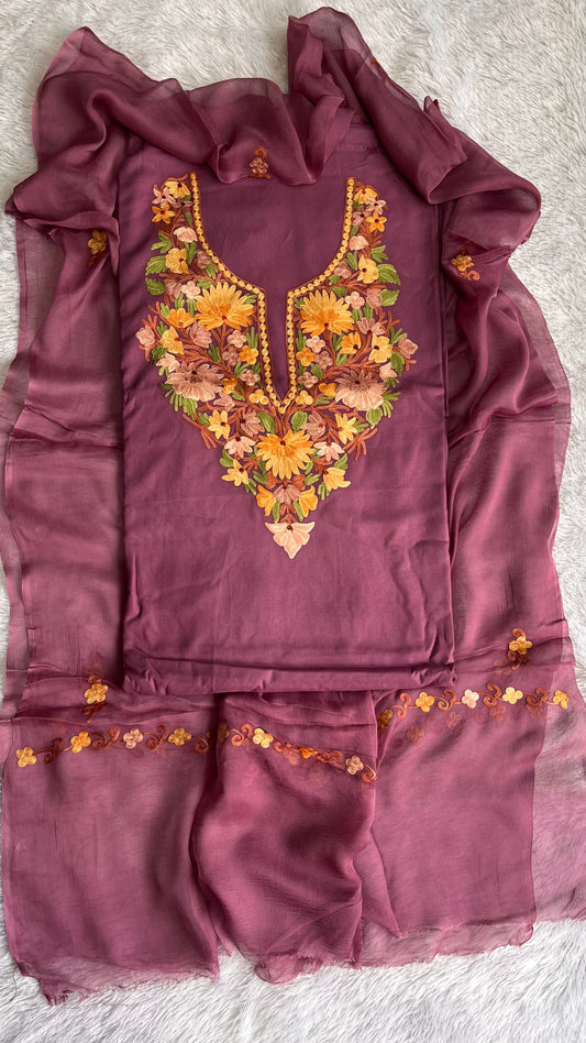 Lilac Muslin Cotton Kashmiri Aari Embroidered 3pc Suit Set