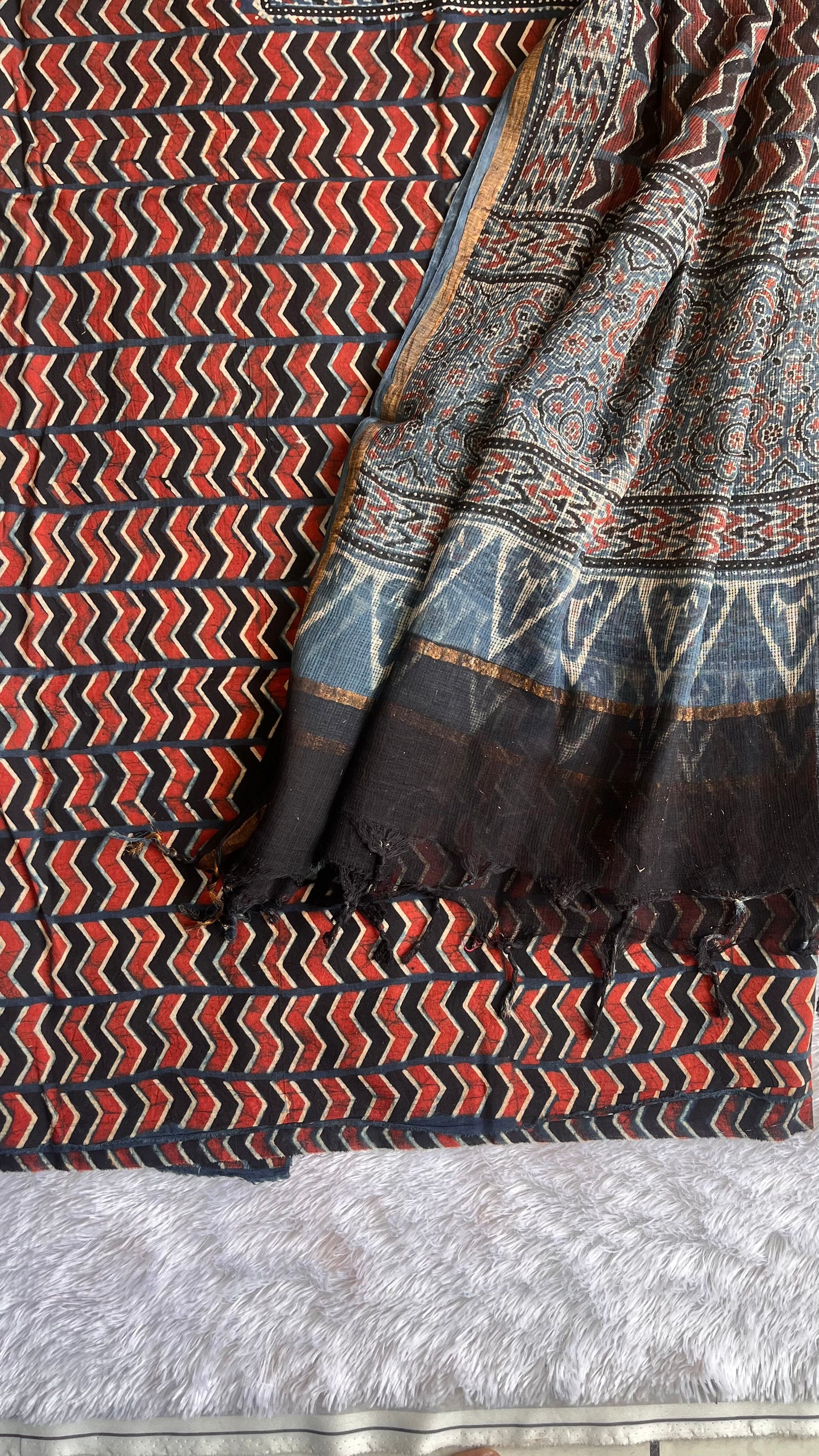 Red and Black Pure Cotton Ajrakh Unstitched Suit Set with Ajrakh Kota Doria Dupatta