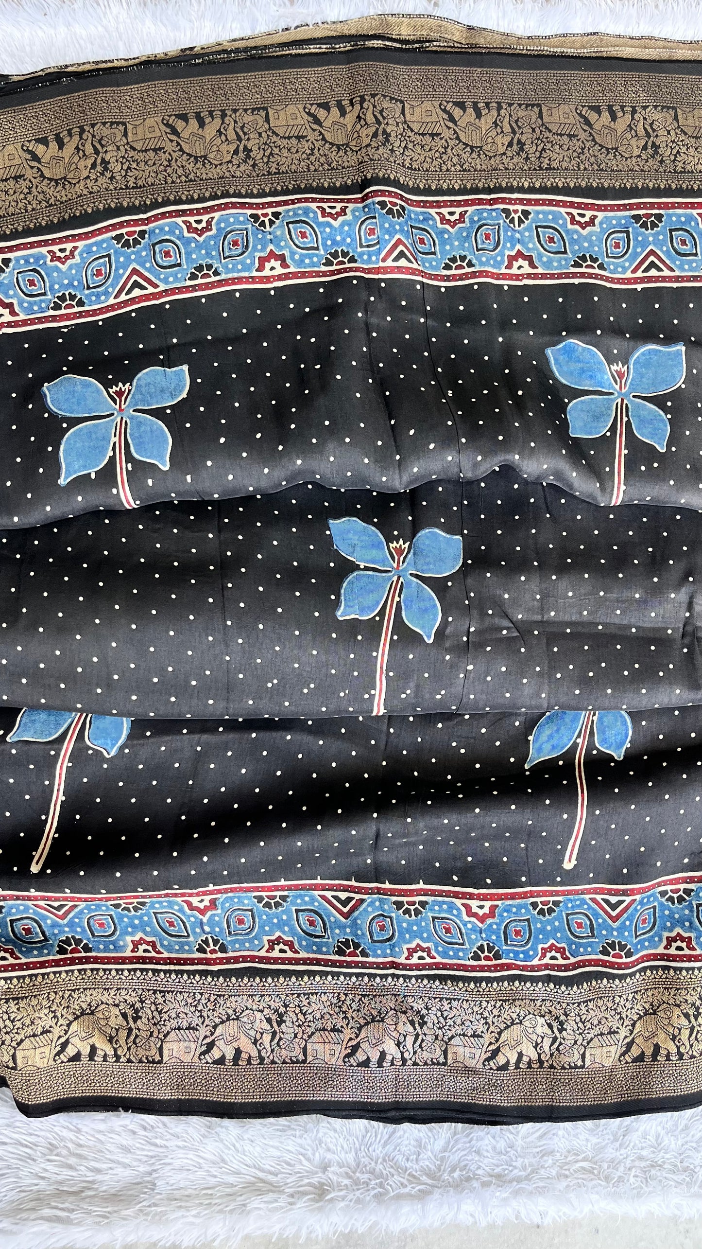 Black Polka and Fireflies Motif Ajrakh Hand Block Dola Silk Saree with Zari Pallu