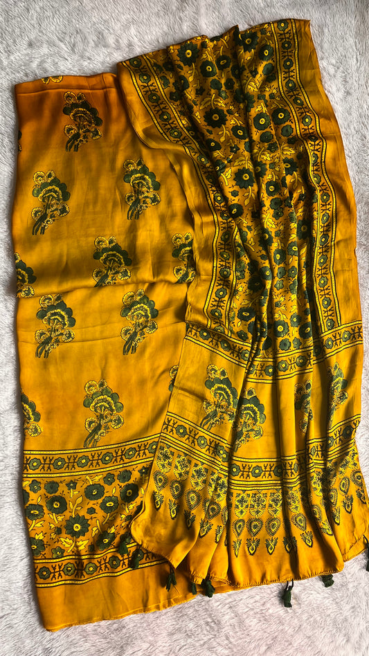 Turmeric Yellow Big Buti Ajrakh Motif Modal Silk 2pc Suit Material Set