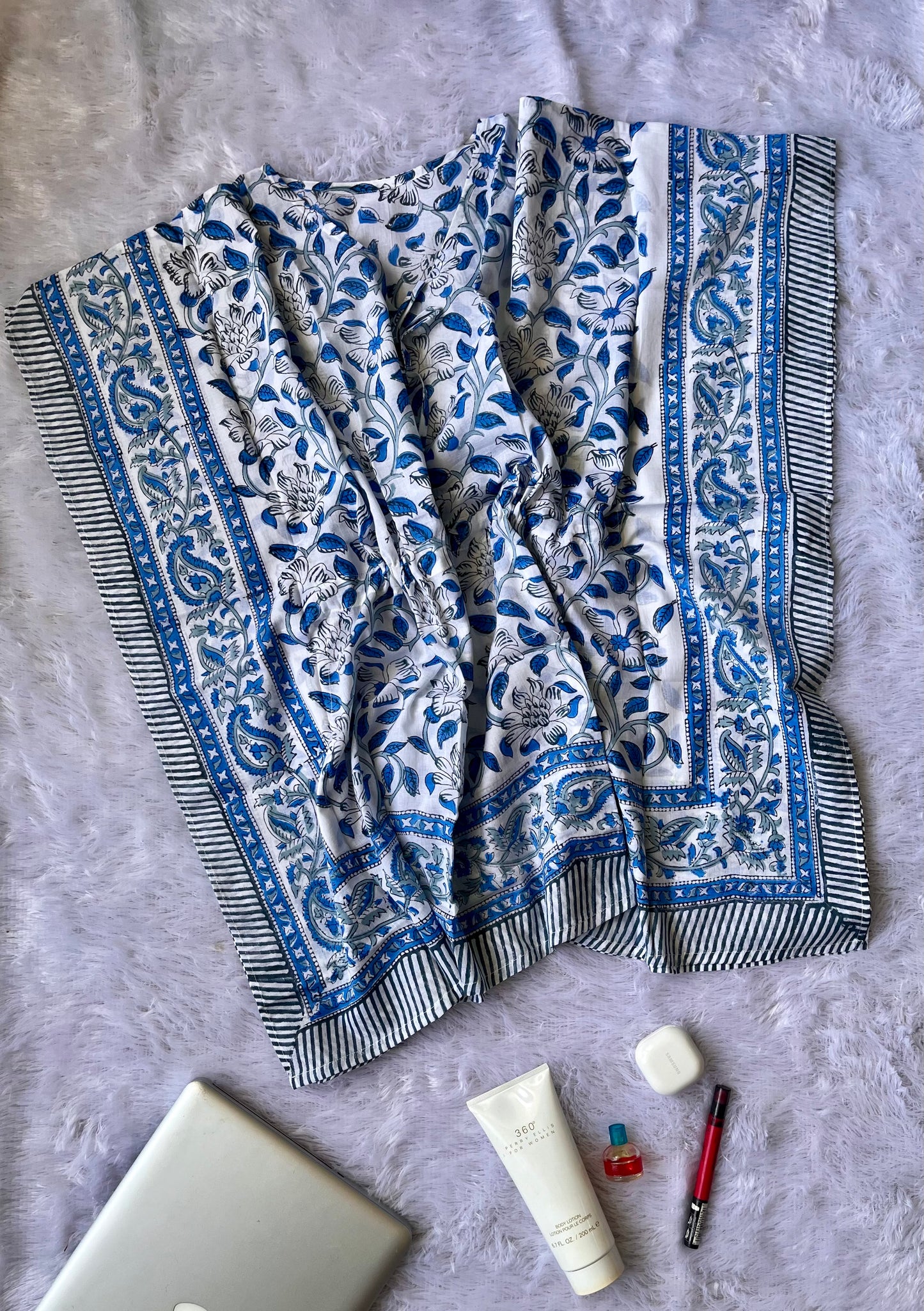Blue Floral Motif Mulmul Cotton Short Kaftan