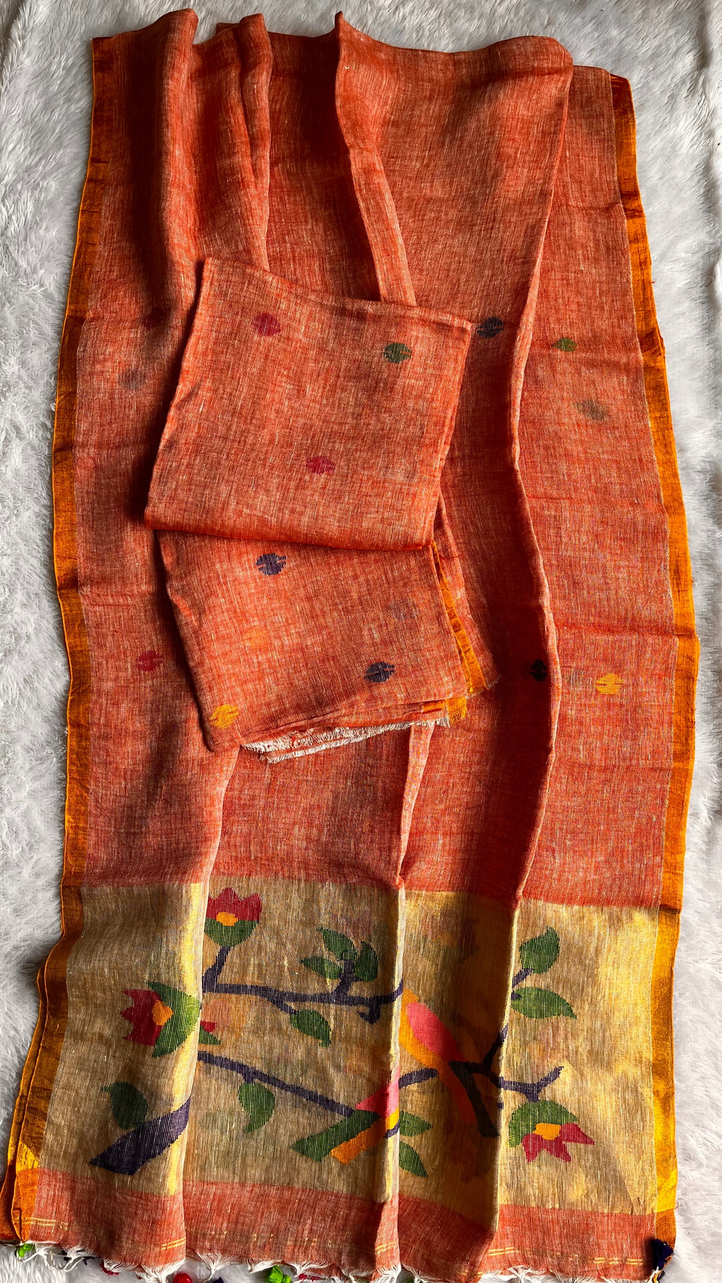 Peach me Please Paithani Unstitched Pure Linen on Linen Hand Woven Daman 2 pc Suit Set