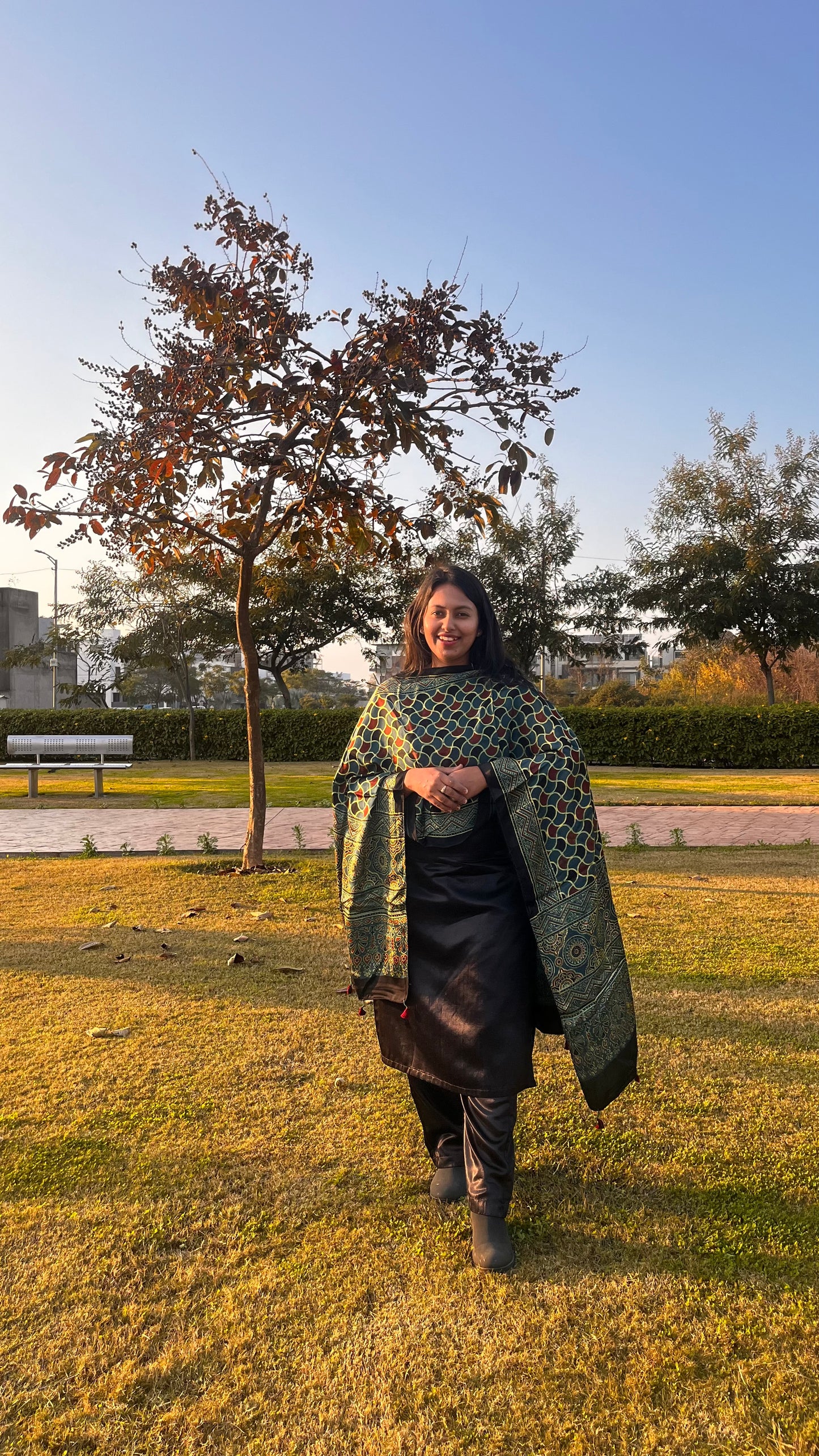 Green and Black Barfi Motif Ajrakh Hand Block Print Modal Silk Stole with Tassels
