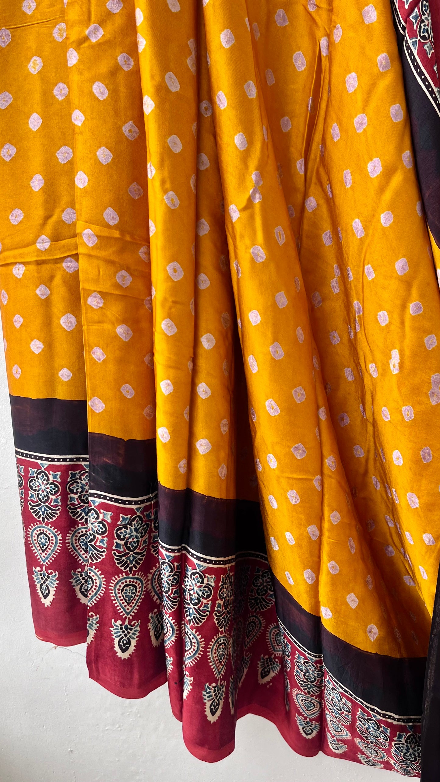 Mango Yellow Ajrakh Bandhej Hand Block Modal Silk Saree With Blouse and Tassels