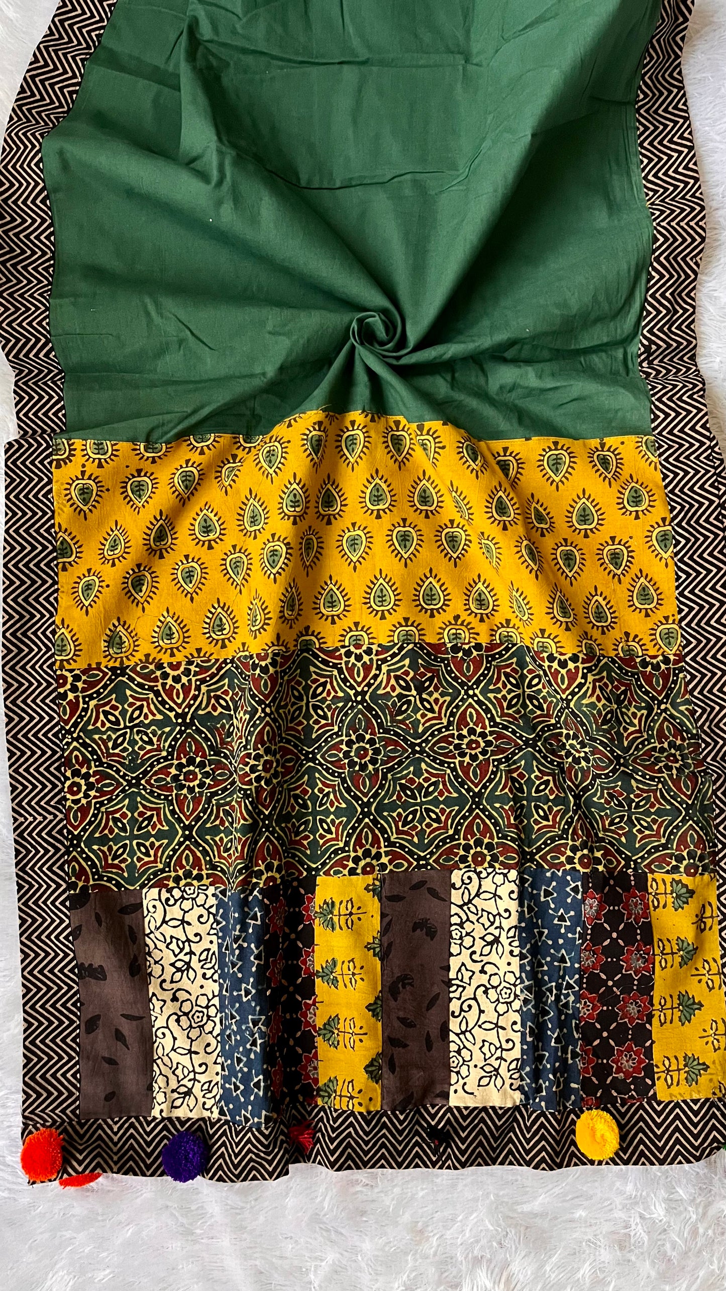 Bottle Green Ajrakh Patchwork Cotton Stole