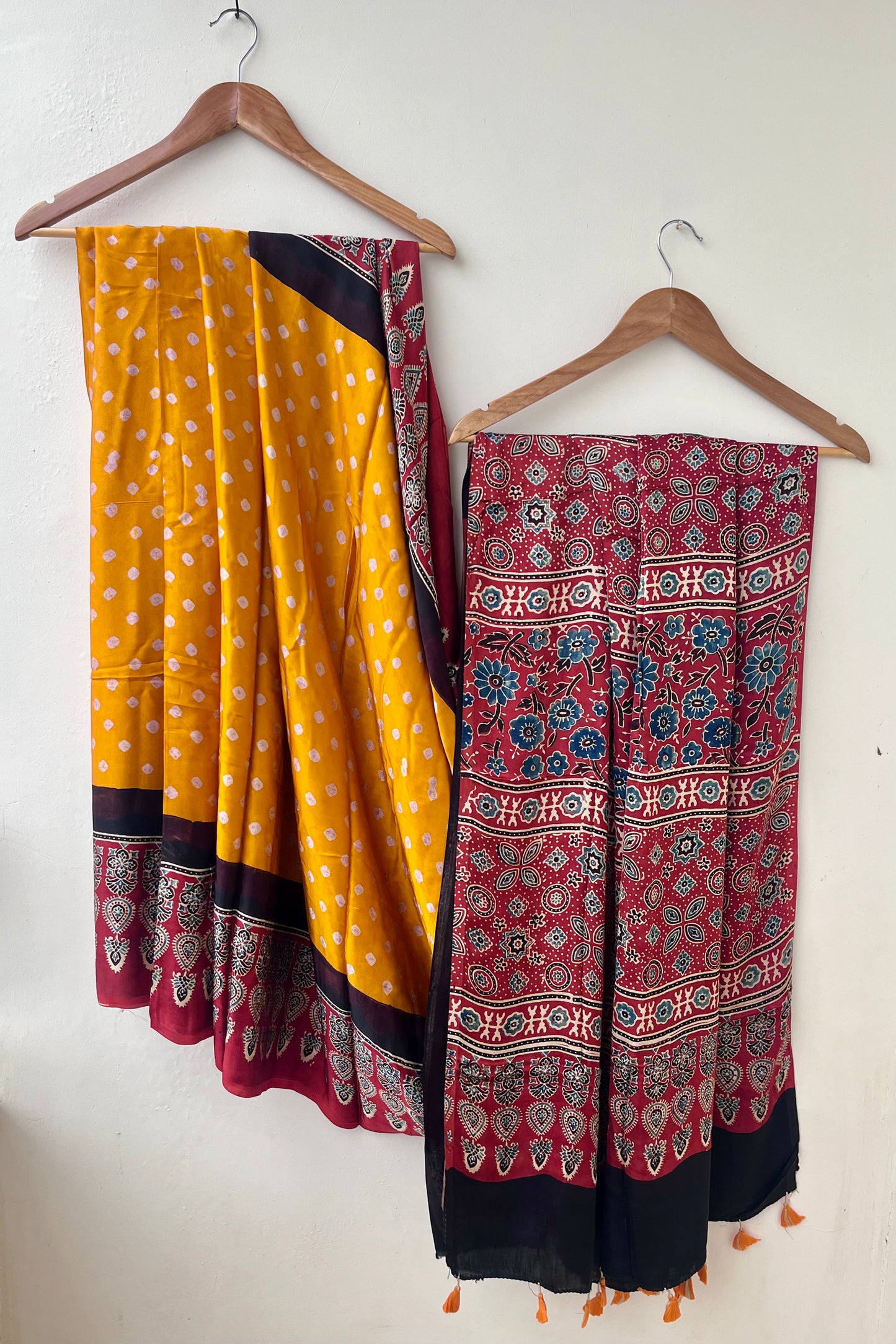 Mango Yellow Ajrakh Bandhej Hand Block Modal Silk Saree With Blouse and Tassels