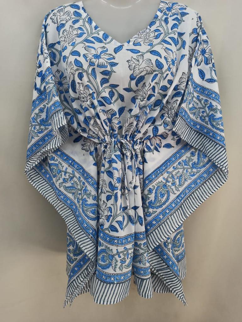 Blue Floral Motif Mulmul Cotton Short Kaftan