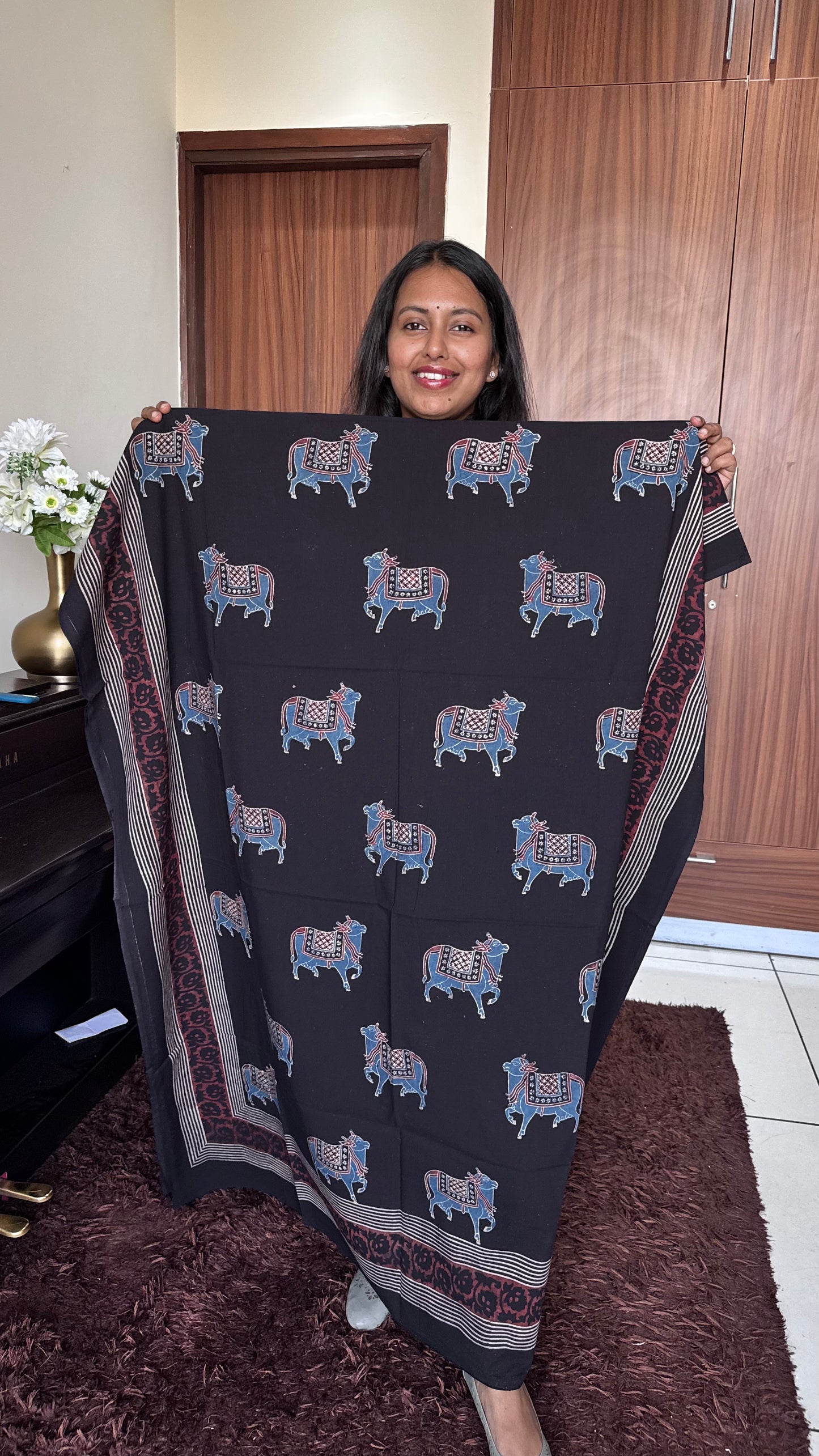 Black Shade Kamdhenu Motif Ajrakh HandBlock Unstitched Pure Cotton Fabric (Kurta Only)