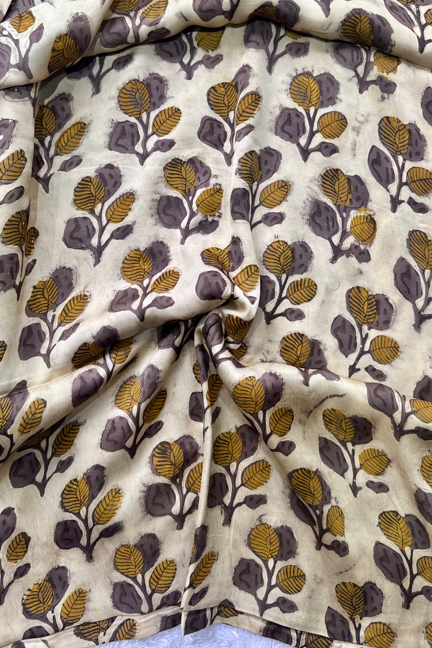 Beige Shade Floral Motif Vanaspati Hand Block Print Pure Modal Silk Fabric