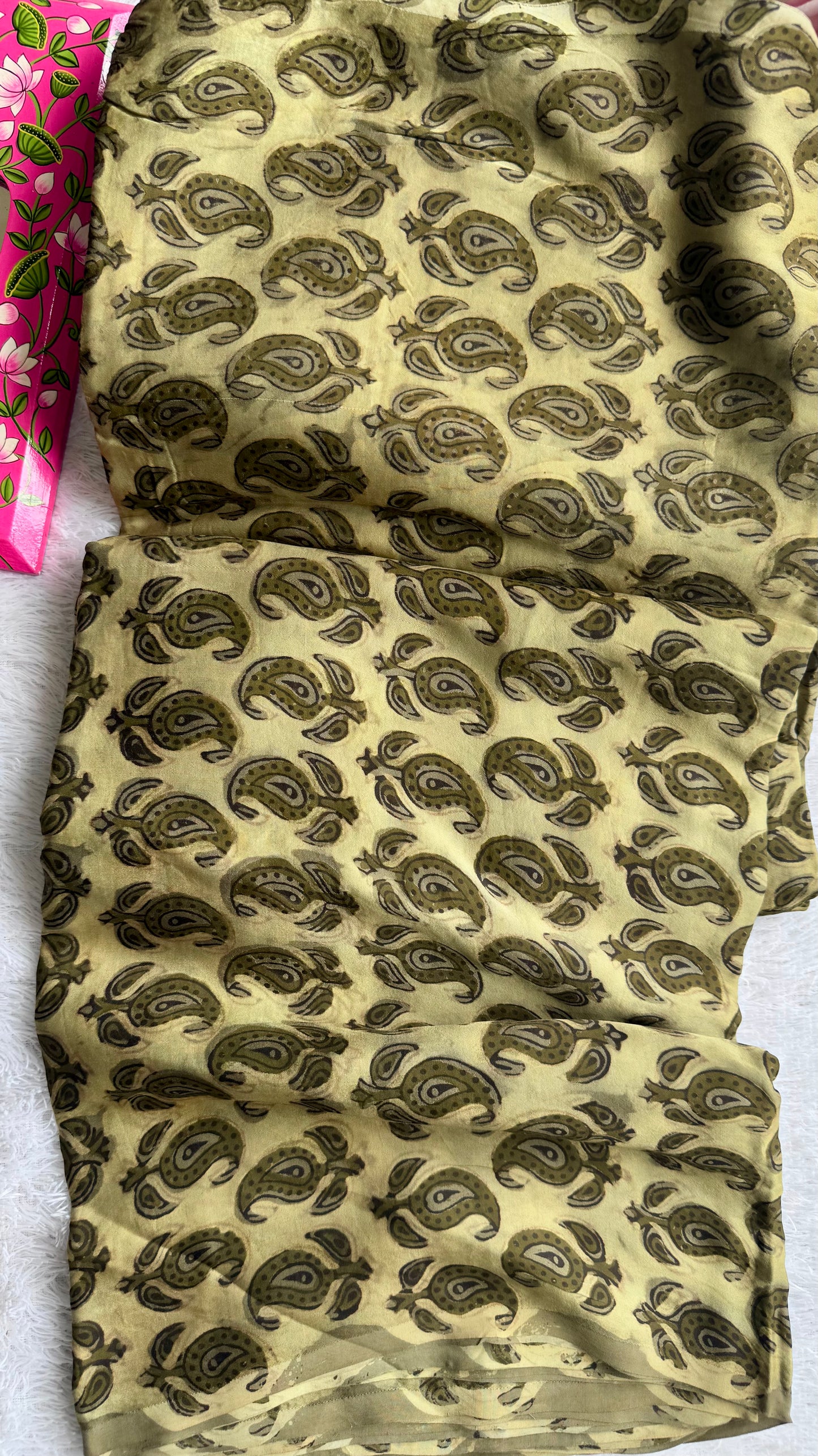 Beige Shade Badaam Floral Motif Vanaspati Hand Block Print Pure Modal Silk Fabric