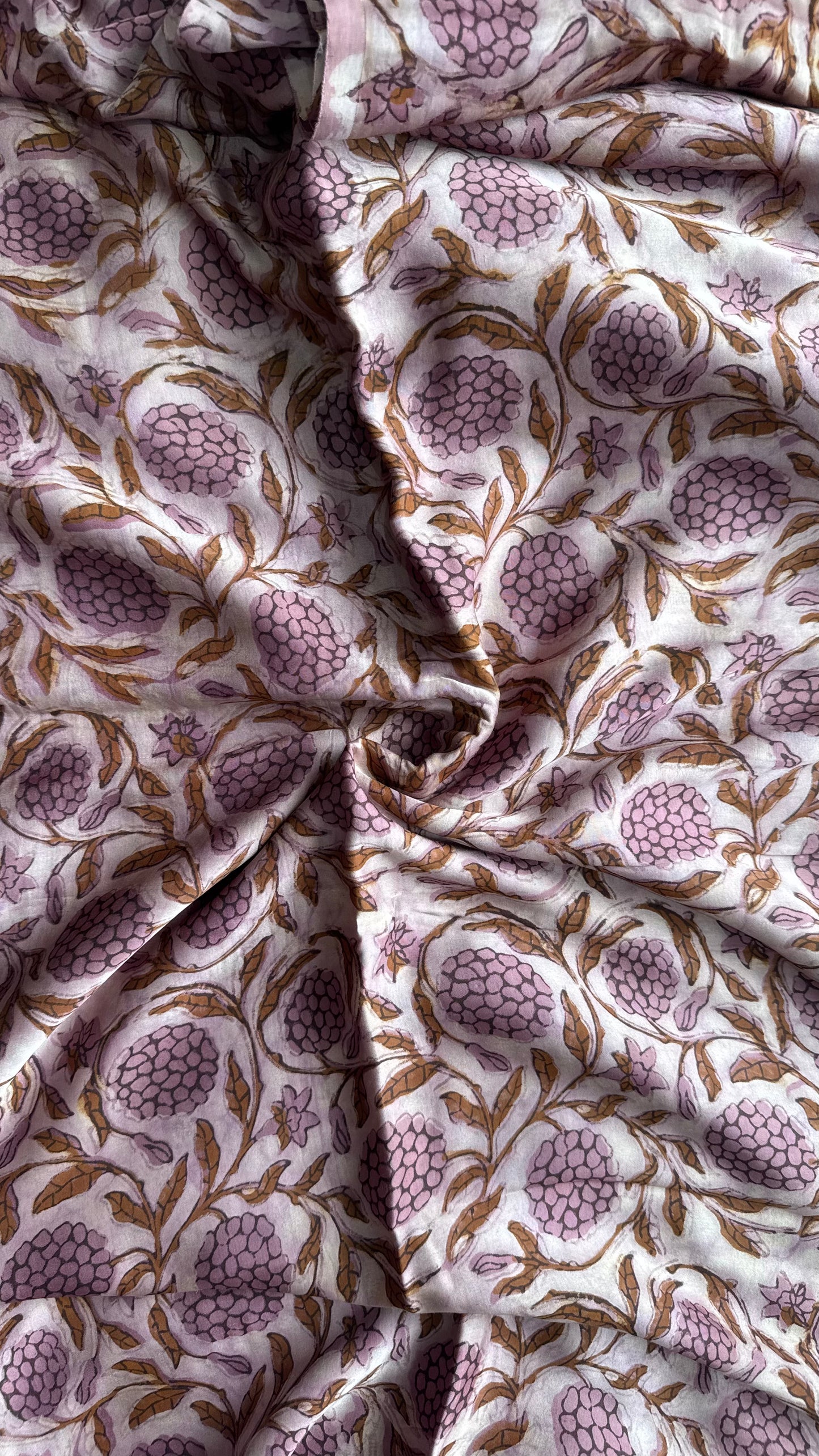 English Pink Shade Grape Cluster Motif Vanaspati Hand Block Print Pure Modal Silk Fabric